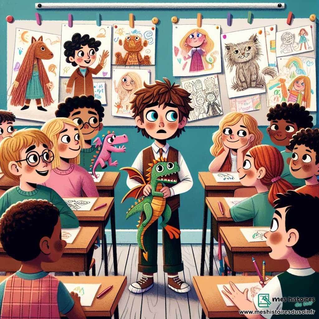Illustration destinée aux enfants représentant un groupe d'enfants de 9 ans dans une salle de classe colorée, remplie de dessins accrochés aux murs et de tables en bois. Au centre, un garçon aux cheveux bruns en bataille et aux yeux pétillants, tenant une marionnette de dragon, semble hésitant, tandis qu'une fille aux longs cheveux blonds et au sourire éclatant l'observe avec une expression compréhensive. À côté d'eux, un garçon rêveur aux lunettes rondes et une fille aux cheveux bouclés, tous deux concentrés sur un grand panneau en carton où ils ont dessiné des scènes sur la vérité et le mensonge. L'atmosphère est à la fois joyeuse et tendue, avec des éclats de rire et des regards échangés, illustrant le moment où le garçon admet son mensonge, entouré de marionnettes colorées et de fournitures scolaires éparpillées.
