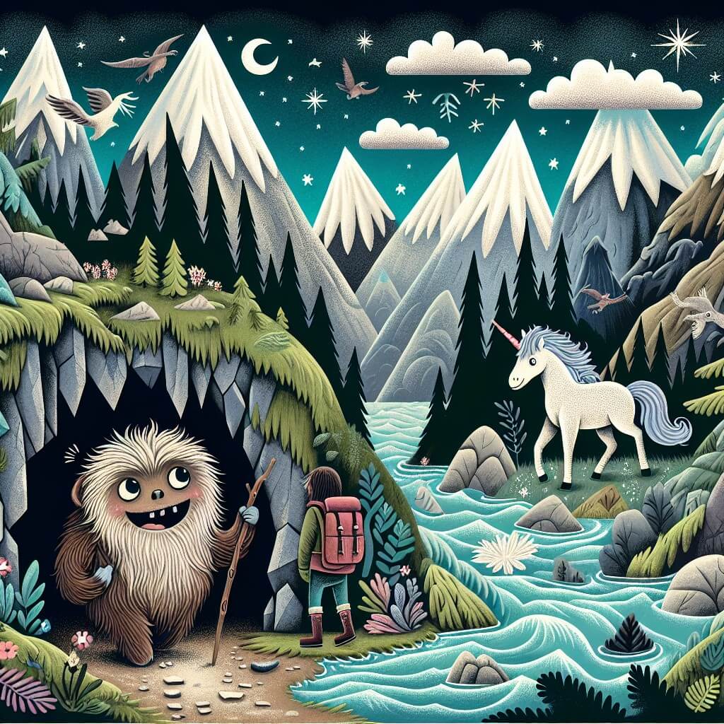 Une illustration destinée aux enfants représentant une créature poilue et souriante, vivant dans une grotte sombre et humide au sommet d'une montagne, accompagnée d'une licorne grise perdue, dans un univers fantastique rempli de rivières tumultueuses, de montagnes escarpées et de forêts magiques.