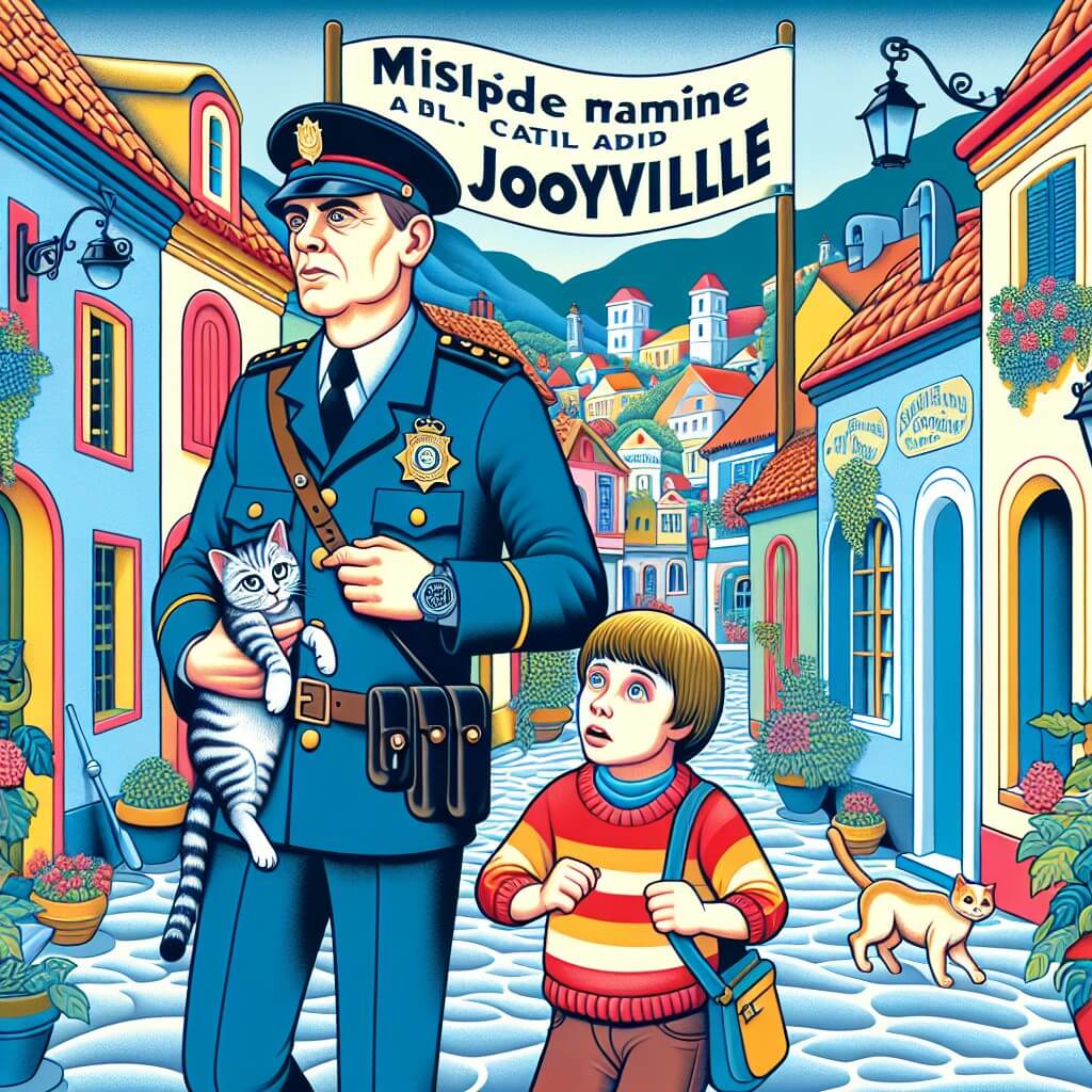 Une illustration destinée aux enfants représentant un policier intrépide, accompagné d'un jeune garçon, à la recherche d'un chat disparu dans les ruelles pittoresques et colorées d'une petite ville tranquille appelée Joyville.