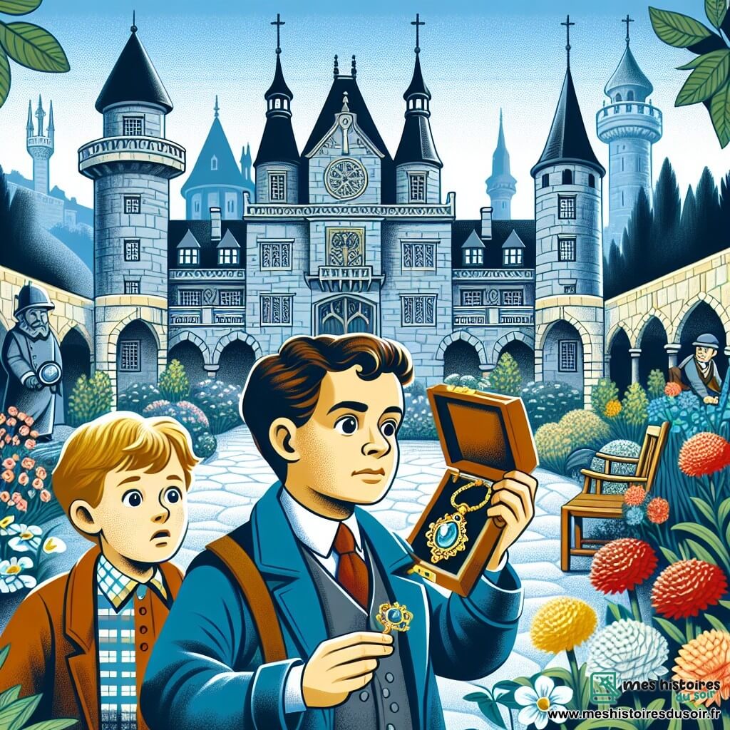 Une illustration destinée aux enfants représentant un détective courageux, résolvant le mystère du collier disparu avec l'aide d'un jeune homme nerveux, dans le somptueux château de la comtesse de Clairval, entouré de magnifiques jardins fleuris et de hautes tours majestueuses.