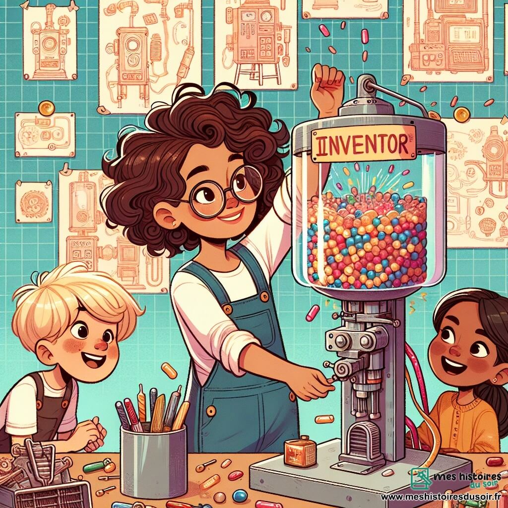 Une illustration sous forme de dessin destinée aux enfants représentant un atelier coloré rempli de machines et de croquis, où une jeune inventrice aux cheveux bouclés et aux lunettes rondes, vêtue d'une salopette bleue, ajuste une machine à goûter qui distribue des bonbons, tandis que deux enfants, un garçon aux cheveux blonds et une fille aux cheveux bruns, regardent avec émerveillement et rient en essayant d'attraper les confettis qui jaillissent de la machine, symbolisant la joie de l'invention et l'esprit d'équipe.