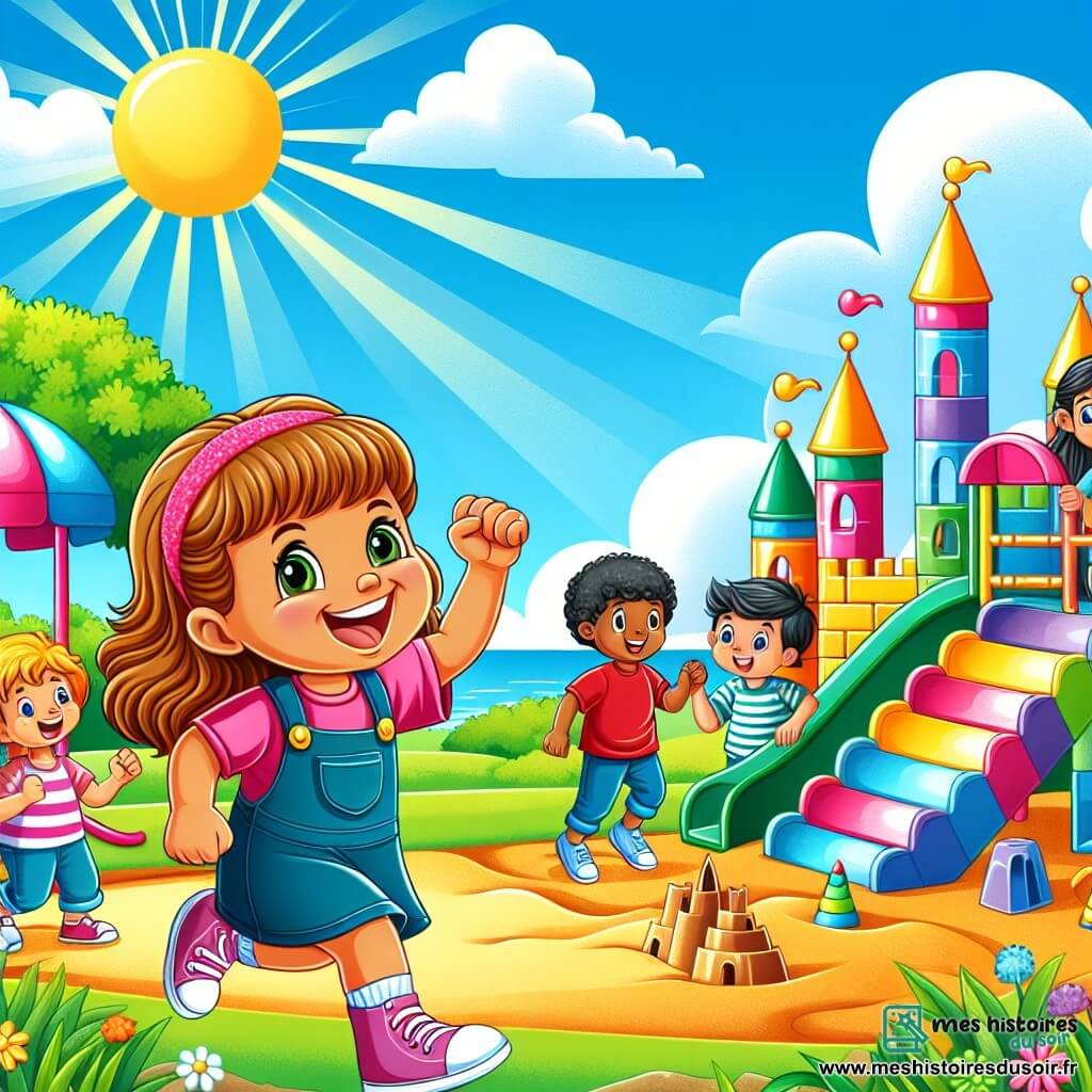 Une illustration destinée aux enfants représentant une petite fille joyeuse et déterminée, jouant au parc avec ses amis, dont une nouvelle venue hésitante, entourés de balançoires colorées, d'un toboggan brillant et d'un château de sable majestueux, sous un ciel bleu et ensoleillé.