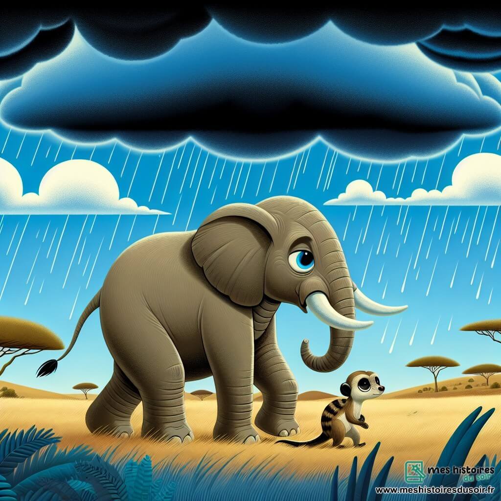Une illustration destinée aux enfants représentant un éléphant sage et bienveillant, accompagné d'un petit suricate curieux, dans la vaste savane d'Afrique, sous un ciel azuré menaçant avant l'arrivée de la pluie bienfaitrice.