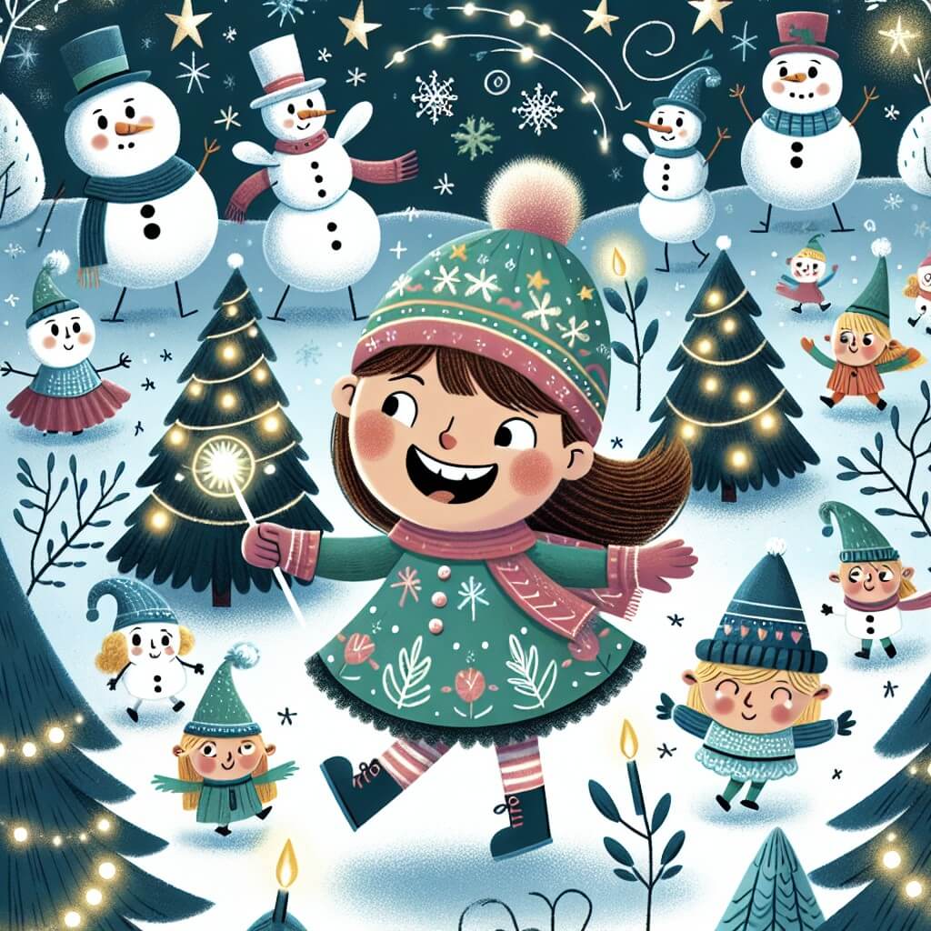 Une illustration destinée aux enfants représentant une jeune fille joyeuse, entourée de personnages magiques, explorant un paysage hivernal féérique rempli de bonhommes de neige et de sapins scintillants.