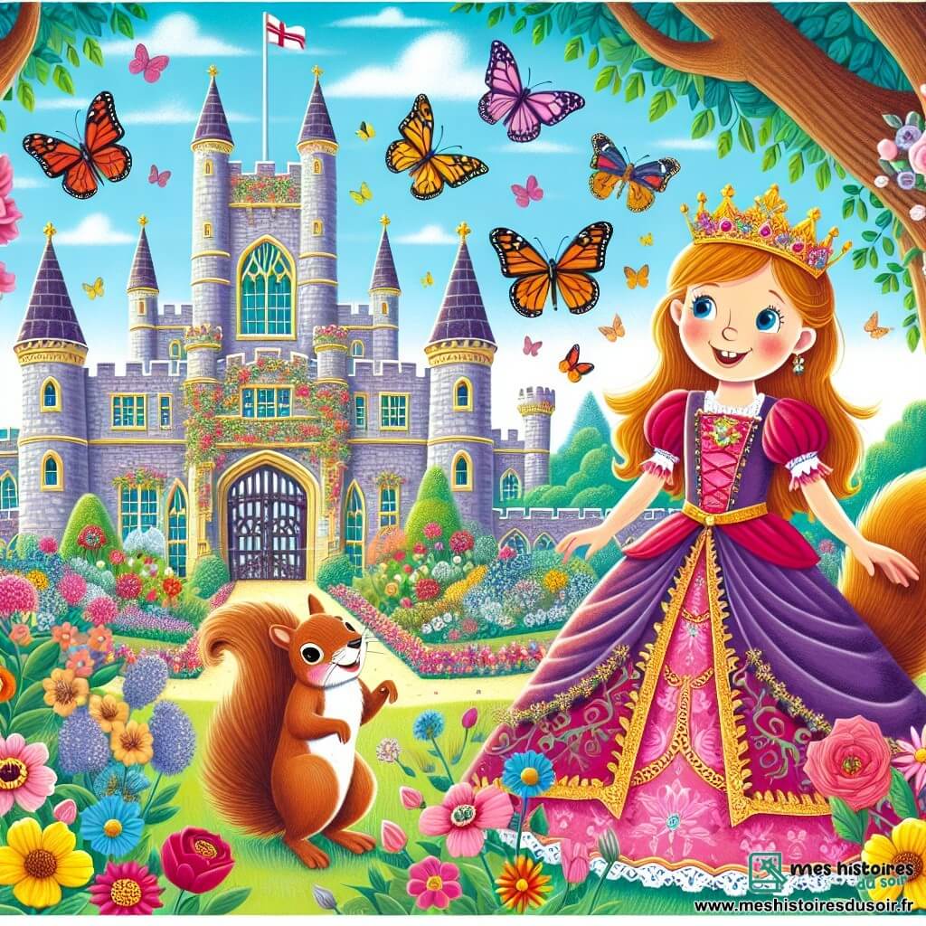 Une illustration destinée aux enfants représentant une princesse espiègle se retrouvant dans des aventures loufoques avec son fidèle compagnon, un écureuil malicieux, dans le château majestueux entouré de jardins fleuris où les papillons dansent au son de la musique des arbres.