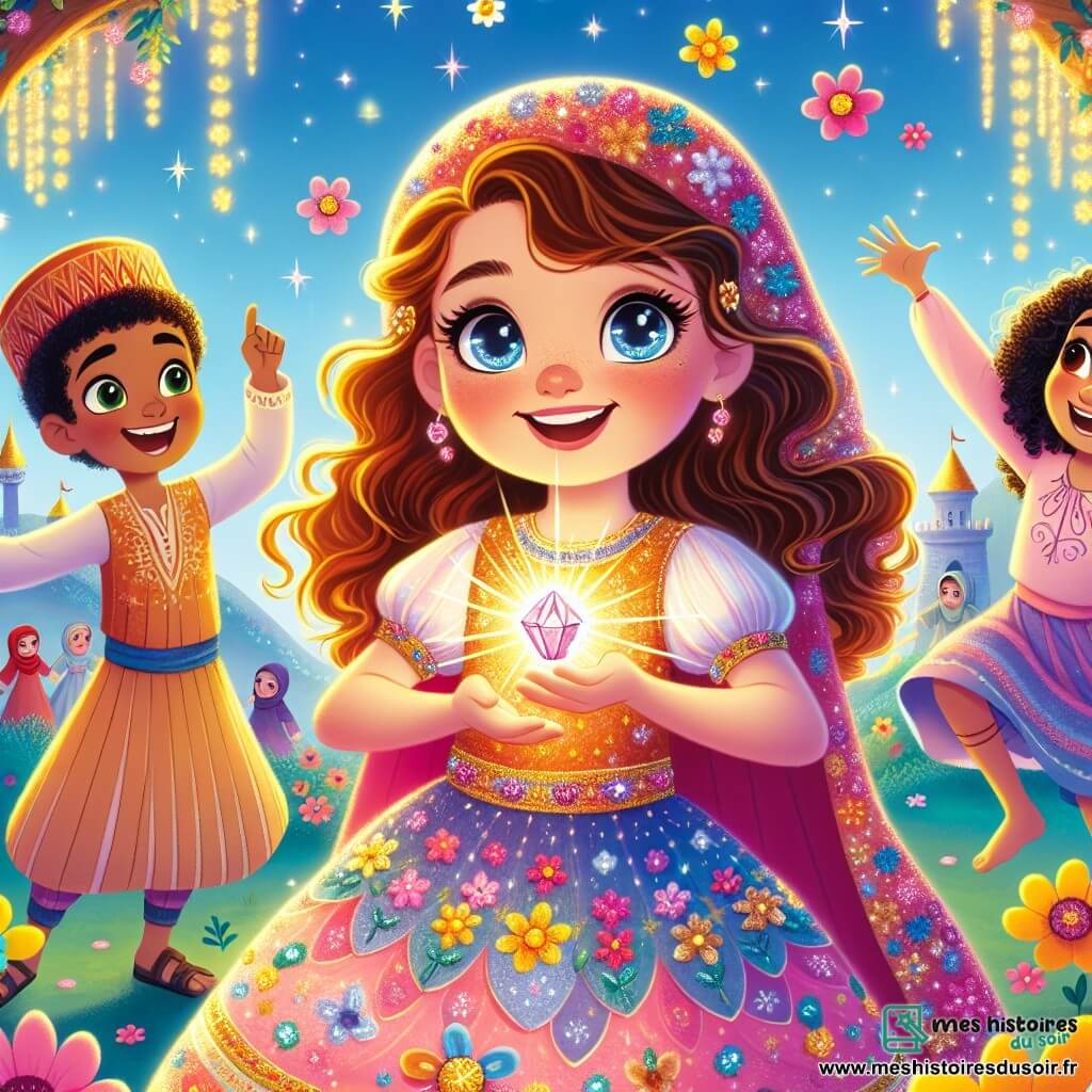Illustration d'une scène magique dans un royaume enchanté, avec des couleurs vives et des fleurs dansantes. Au centre, une petite fille de 5 ans, aux longs cheveux bouclés et aux yeux pétillants, sourit éclatamment. Elle porte une robe colorée ornée de motifs floraux et tient un cristal brillant dans ses mains. À ses côtés, un garçon de 6 ans, avec une grande casquette et un sourire espiègle, lève les bras en signe de victoire, et une petite fille de 5 ans, douce et rêveuse, avec des cheveux lisses et une robe pastel, admire le cristal. Les trois amis, unis et joyeux, célèbrent leur succès après avoir retrouvé le Cristal du Royaume, entourés d'habitants du royaume, de créatures colorées et d'animaux amicaux qui dansent et rient. En arrière-plan, des arbres géants aux feuilles dorées et des montagnes scintillantes ajoutent à la magie du décor.