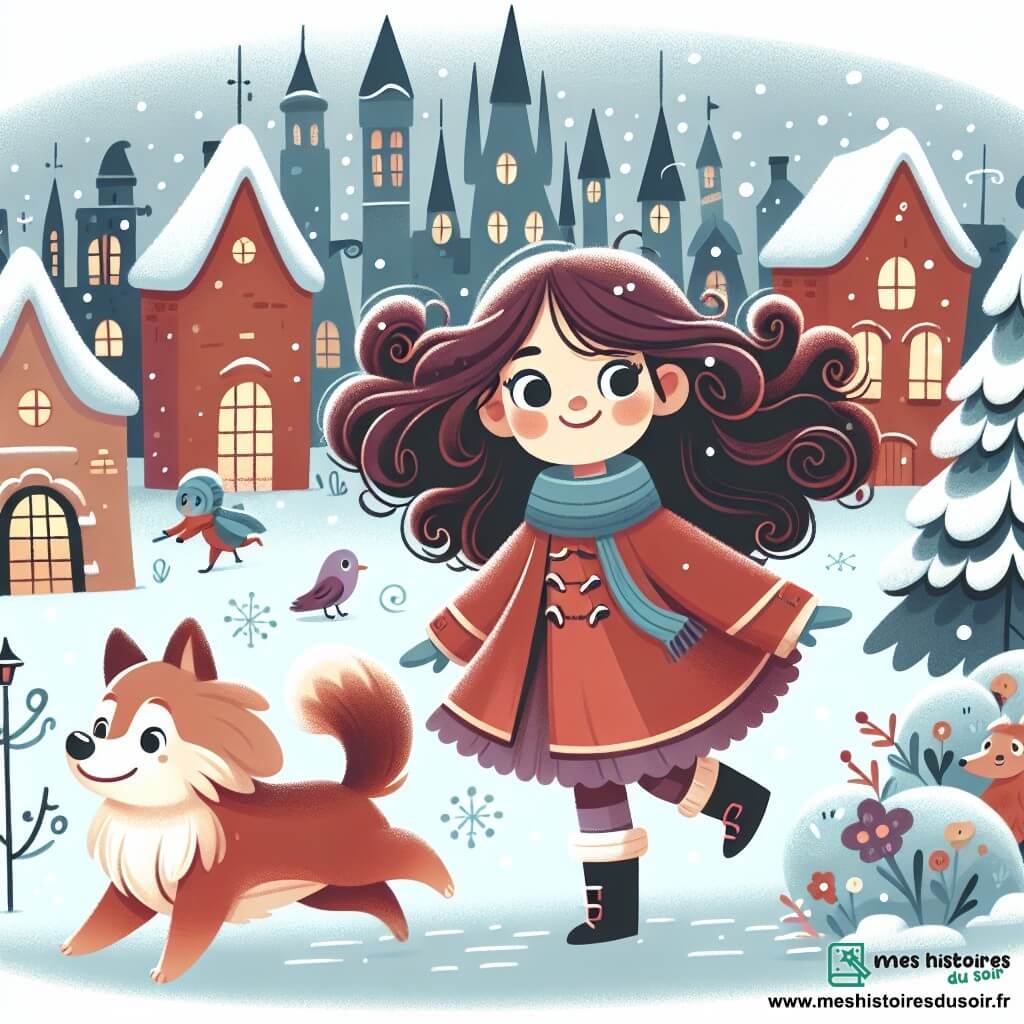 Une illustration destinée aux enfants représentant une petite fille aux longs cheveux bouclés, vivant des aventures magiques avec son fidèle chien espiègle, dans une ville enchantée recouverte de neige scintillante.