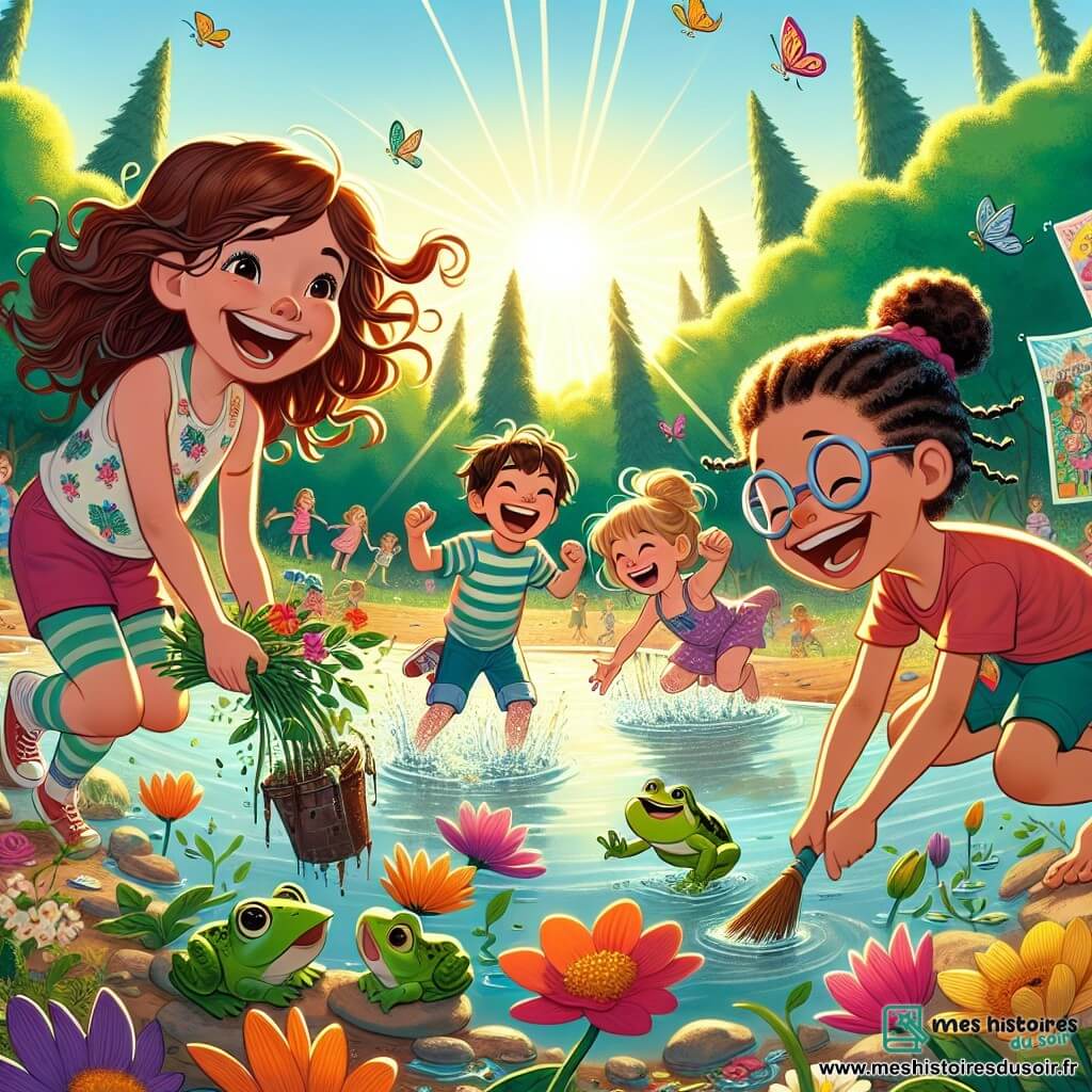Illustration destinée aux enfants représentant un lac scintillant au soleil, entouré de fleurs colorées qui dansent dans la brise légère, avec des arbres majestueux en arrière-plan. Au premier plan, un groupe de quatre enfants de 5 ans, deux filles et deux garçons, se penchent joyeusement au-dessus de l'eau : une fille aux boucles brunes et au grand sourire, une autre fille avec des lunettes rondes et des tresses, un garçon plein d'énergie avec des cheveux ébouriffés, et un garçon en fauteuil roulant, riant avec enthousiasme. Ils ramassent des déchets et plantent des graines de fleurs, entourés de grenouilles sautant joyeusement autour d'eux. Des affiches colorées sur la protection de l'environnement sont visibles en arrière-plan, ajoutant une touche d'engagement à cette scène vibrante et pleine d'espoir.