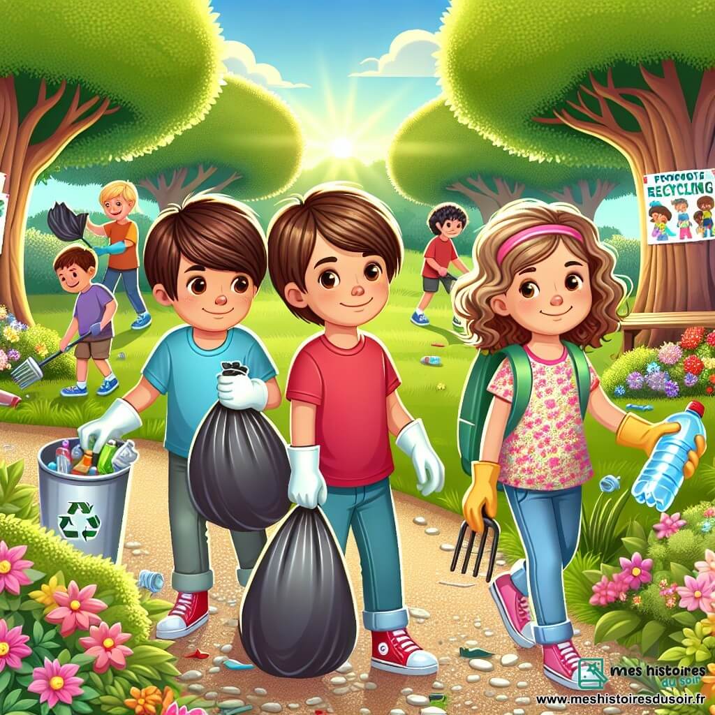 Illustration destinée aux enfants représentant un parc ensoleillé, rempli de fleurs colorées et d'arbres majestueux, avec un chemin en gravier serpentant à travers un gazon verdoyant. Au premier plan, un groupe de trois enfants de 9 ans, deux garçons aux cheveux châtains et une fille aux cheveux bouclés et blonds, portant des gants de jardinage et tenant des sacs poubelles, s'affairent à ramasser des déchets. Les garçons, l'un avec un t-shirt bleu et l'autre en rouge, sourient en se passant une bouteille en plastique, tandis que la fille, vêtue d'une robe à fleurs, montre fièrement une affiche colorée qu'elle a créée pour sensibiliser les autres au recyclage. En arrière-plan, d'autres enfants, de différentes origines, les rejoignent dans cette mission joyeuse, avec des affiches accrochées aux arbres, illustrant des messages sur la protection de l'environnement.