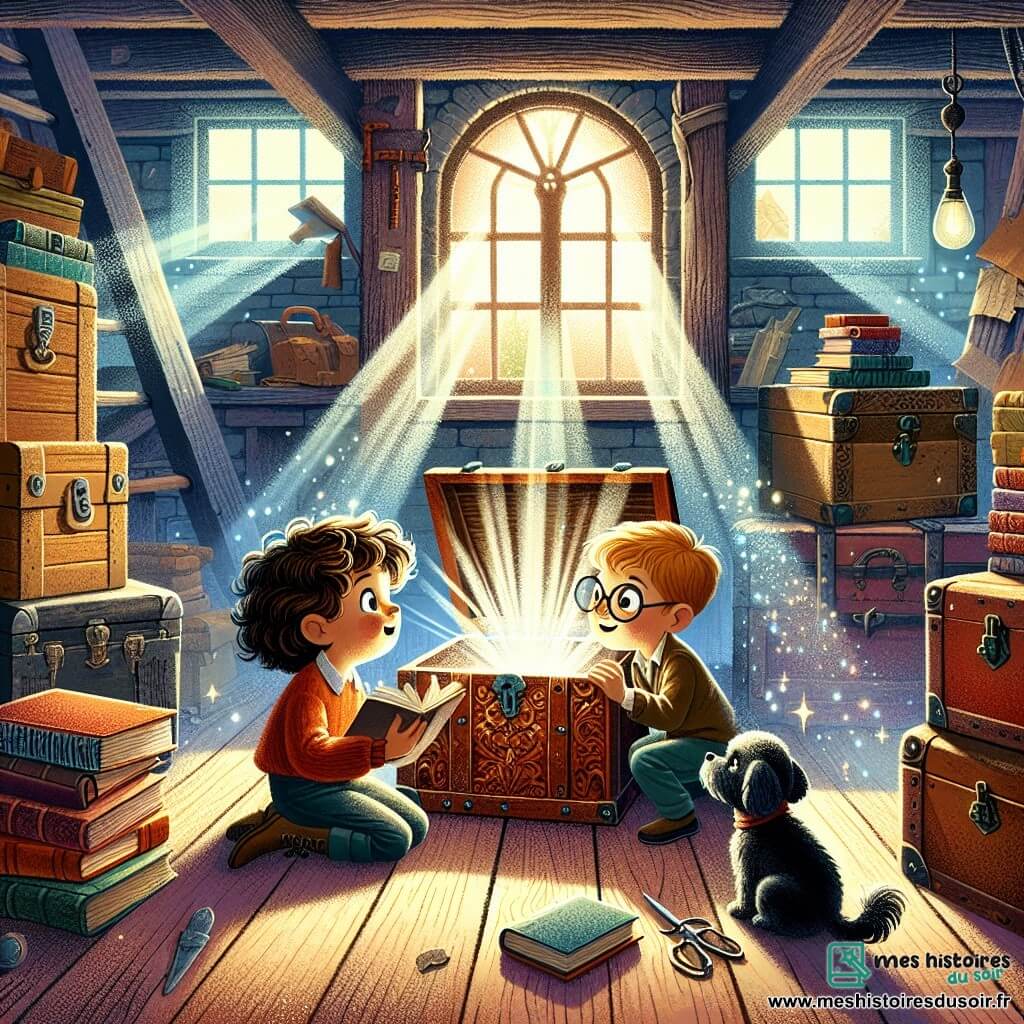 Illustration d'une scène magique dans un grenier ancien, rempli de vieilles malles en bois, de livres poussiéreux aux couvertures colorées, et de rayons de lumière filtrant à travers une fenêtre sale, créant des ombres dansantes sur le sol en bois. Au centre, une fille de 11 ans, aux longs cheveux bruns et aux yeux pétillants de curiosité, s'accroupit devant une malle ornée de motifs délicats, un sourire émerveillé sur le visage. À ses côtés, un garçon de son âge, aux cheveux blonds et lunettes rondes, observe la malle avec fascination, tenant un carnet ouvert. Un petit chien noir, aux yeux vifs et curieux, se tient près d'eux, prêt à les accompagner. La scène montre la découverte d'un trésor caché, avec des éclats de lumière émanant de la malle, illuminant les visages des jeunes aventuriers, symbolisant l'excitation de l'exploration. Des toiles d'araignée, des jouets anciens et une ambiance chaleureuse et mystérieuse ajoutent à l'invitation à l'aventure.