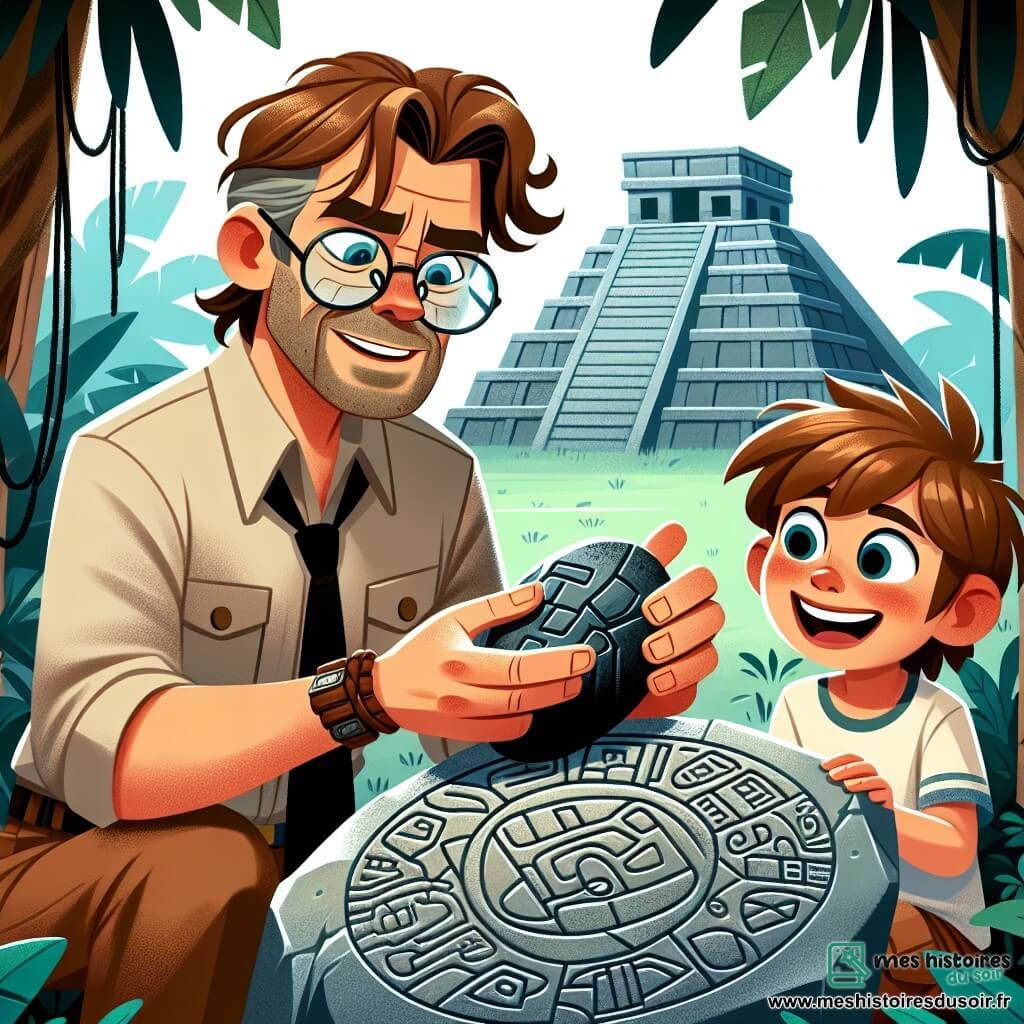 Une illustration sous forme de dessin destinée aux enfants représentant une ancienne cité aztèque en ruines, entourée d'une jungle luxuriante, où un homme aux cheveux châtains ébouriffés et portant des lunettes cerclées de métal, penché sur une pierre gravée de symboles mystérieux, examine attentivement un artefact en obsidienne, tandis qu'un jeune garçon enthousiaste, avec un sourire large et des cheveux bruns, l'observe avec admiration, tous deux captivés par la découverte d'un trésor archéologique qui pourrait révéler les secrets d'une civilisation oubliée.