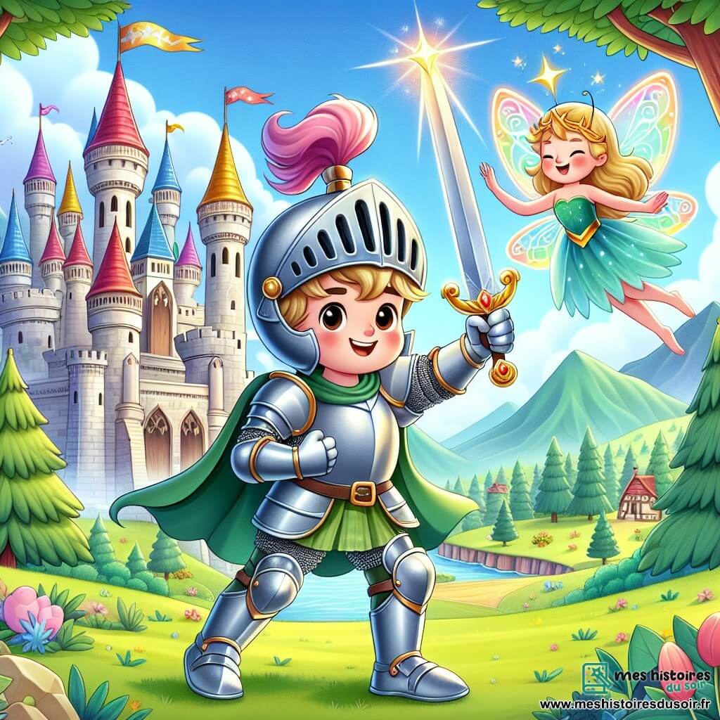 Une illustration sous forme de dessin destinée aux enfants représentant un grand château médiéval entouré de verdoyantes forêts, avec un chevalier courageux, un jeune garçon en armure brillante, brandissant son épée magique avec détermination, tandis qu'une gentille fée aux ailes scintillantes et au sourire doux flotte à ses côtés, lui offrant des conseils, le tout dans une ambiance enjouée et colorée, illustrant le moment où le chevalier se prépare à participer au grand tournoi de chevalerie pour gagner l'étoile du courage.