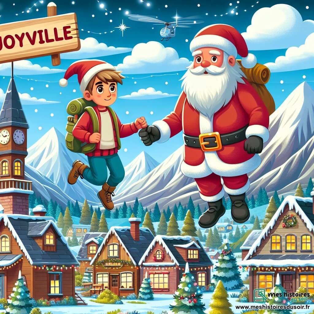 Une illustration destinée aux enfants représentant un garçon plein de courage et de gentillesse vivant une aventure incroyable aux côtés du Père Noël, dans un petit village appelé Joyeuxbourg, situé au cœur des montagnes enneigées.
