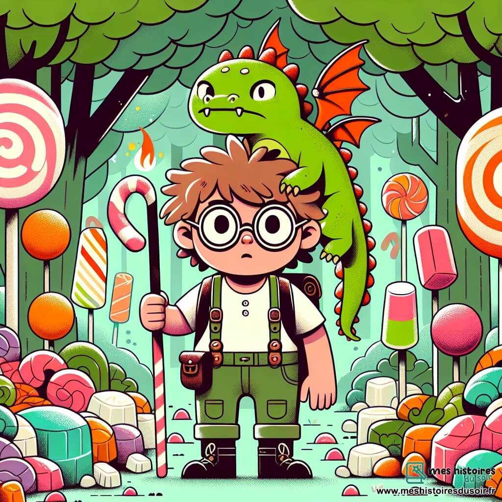 Une illustration sous forme de dessin destinée aux enfants représentant une forêt enchantée aux arbres en guimauve et aux feuilles en sucre d'orge, où une fille de 11 ans aux cheveux en bataille, portant des lunettes rondes et une salopette pleine de poches, se tient avec un air déterminé, entourée de bonbons colorés, tandis qu'un petit dragon dodu aux écailles vert fluo, maladroitement perché sur sa tête, tente de cracher une petite flamme pour effrayer des racines en réglisse qui s'approchent d'eux, illustrant ainsi leur quête pour retrouver la Pierre de Gélatine Éternelle.