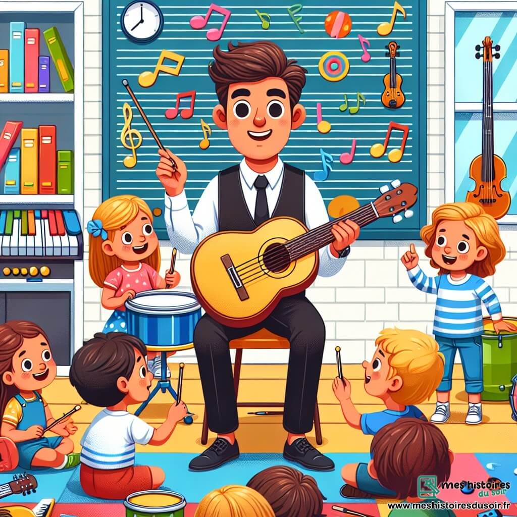Une illustration destinée aux enfants représentant un musicien homme enseignant la musique à des enfants joyeux dans une école colorée et pleine d'instruments, avec un petit garçon curieux et une petite fille enthousiaste.