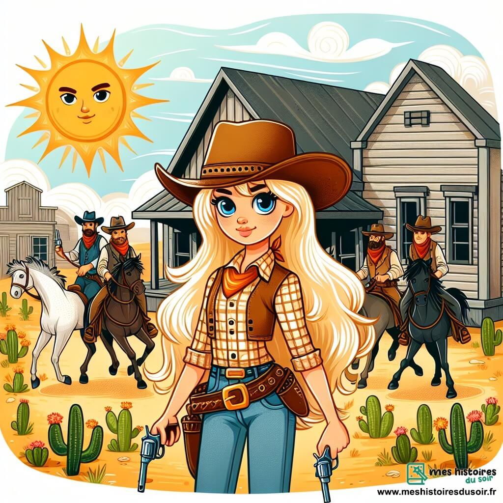 Une illustration sous forme de dessin destinée aux enfants représentant un village de cow-boys en plein soleil, avec des maisons en bois et des cactus éparpillés, où une jeune cow-girl aux cheveux dorés et aux yeux bleus, vêtue d'un chapeau de cowboy et d'une chemise à carreaux, se tient courageusement devant un groupe de villageois, tous des hommes, qui se préparent à défendre leur village contre des bandits, tandis qu'un cheval noir et un cheval blanc sont attachés à un poteau à proximité, ajoutant une touche dynamique à la scène.