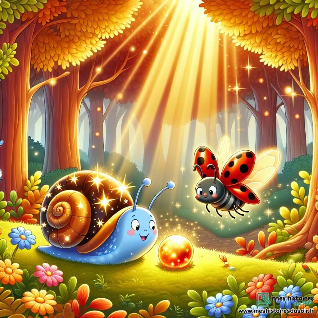 Une illustration sous forme de dessin destinée aux enfants représentant une forêt enchantée baignée de lumière, avec des arbres aux feuilles dorées et des fleurs colorées, où un petit escargot à la coquille brillante et étoilée avance lentement sur un tapis de mousse douce, tandis qu'une coccinelle joyeuse aux ailes rouges et noires vole autour de lui, tous deux déterminés à retrouver la Perle Magique perdue, illuminant leur chemin d'une lueur chaleureuse et amicale.