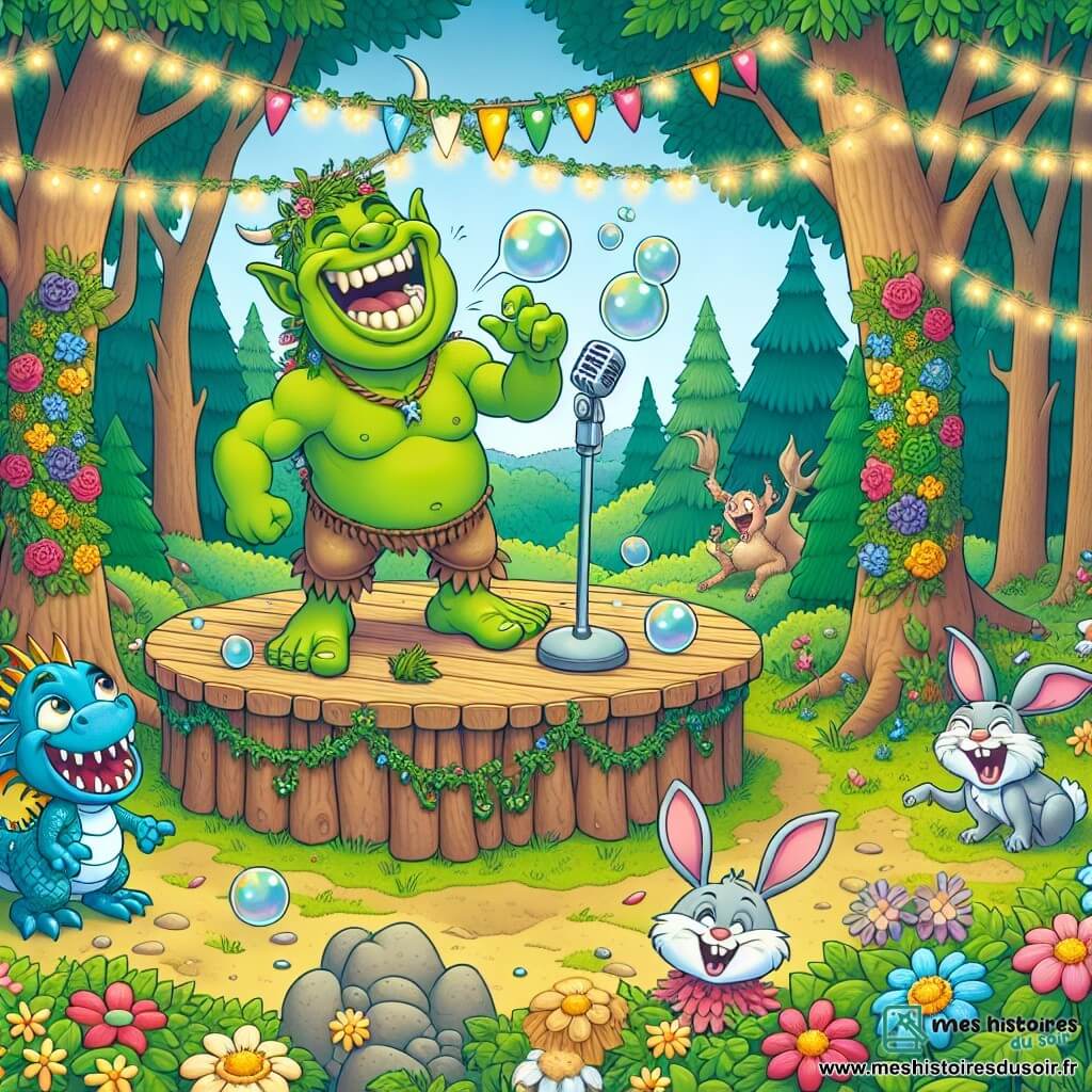 Une illustration sous forme de dessin destinée aux enfants représentant une clairière enchantée, remplie de fleurs colorées et de guirlandes scintillantes, où un ogre joyeux à la peau verte comme un concombre, avec des dents blanches éclatantes et un grand sourire, se tient sur une scène improvisée en train de raconter une blague hilarante, tandis qu'un petit dragon bleu aux écailles brillantes, avec des yeux pétillants de joie, s'apprête à cracher des bulles de savon, et des animaux de la forêt, comme des lapins aux grandes oreilles et des oiseaux aux plumes multicolores, rient aux éclats, créant une atmosphère festive et pleine de rires.