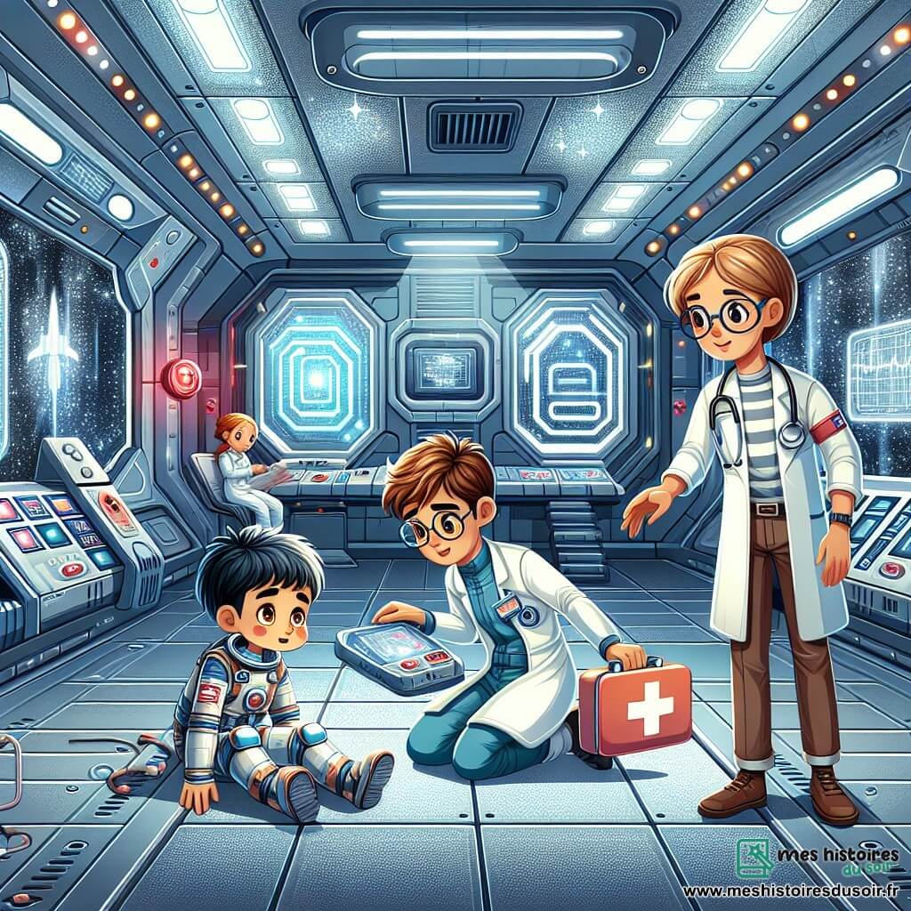 Une illustration sous forme de dessin destinée aux enfants représentant l'intérieur d'une station spatiale futuriste, avec des murs en métal brillant et des écrans clignotants, où un homme aux cheveux bruns et aux yeux pétillants, vêtu d'une combinaison spatiale bleue, s'affaire à réparer un panneau de contrôle défectueux, tandis qu'une femme aux cheveux blonds et aux lunettes, tenant un kit de secours, aide un jeune garçon aux cheveux noirs et aux vêtements de scientifique, blessé et assis sur le sol, alors qu'une alarme rouge clignote en arrière-plan, symbolisant l'urgence de leur mission de sauvetage.