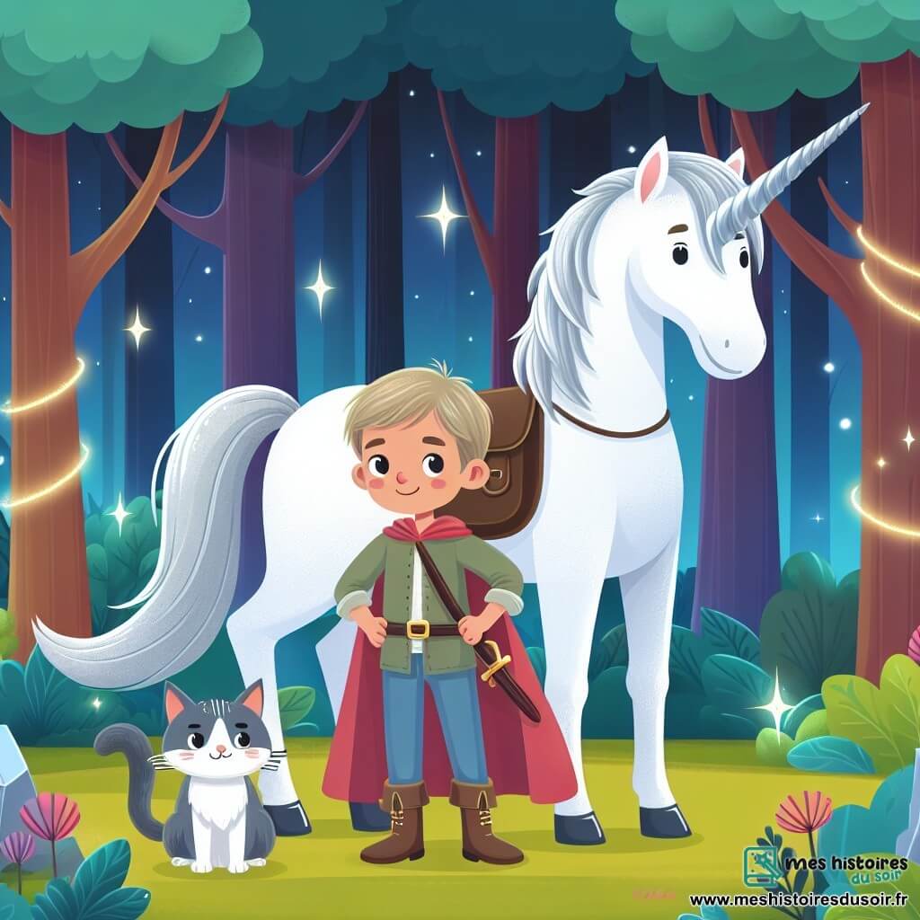 Une illustration destinée aux enfants représentant un homme courageux se tenant aux côtés d'une licorne majestueuse aux crins argentés, accompagné d'un chat facétieux, dans la Forêt enchantée aux arbres lumineux du Pays des Merveilles.