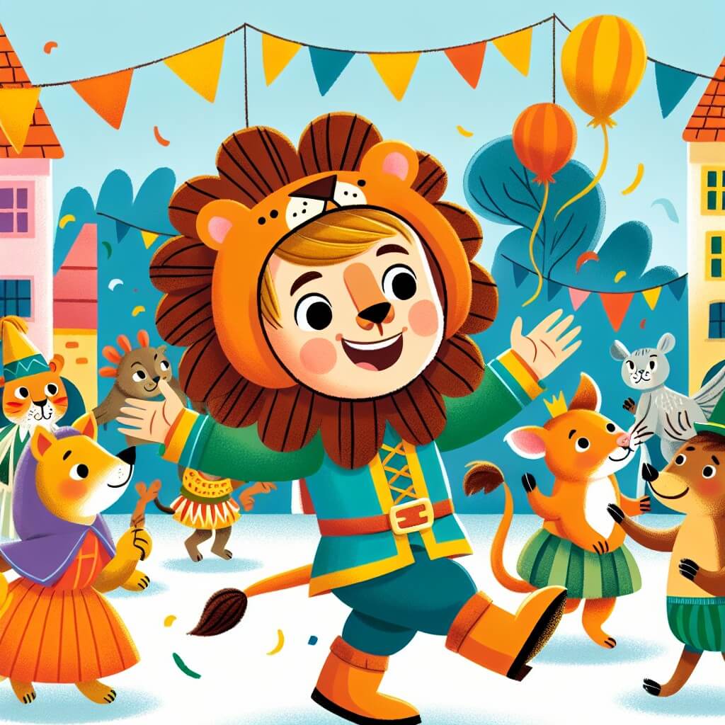 Une illustration destinée aux enfants représentant un jeune garçon déguisé en lion, faisant la fête avec ses amis animaux dans un village coloré, lors du Carnaval des Animaux.
