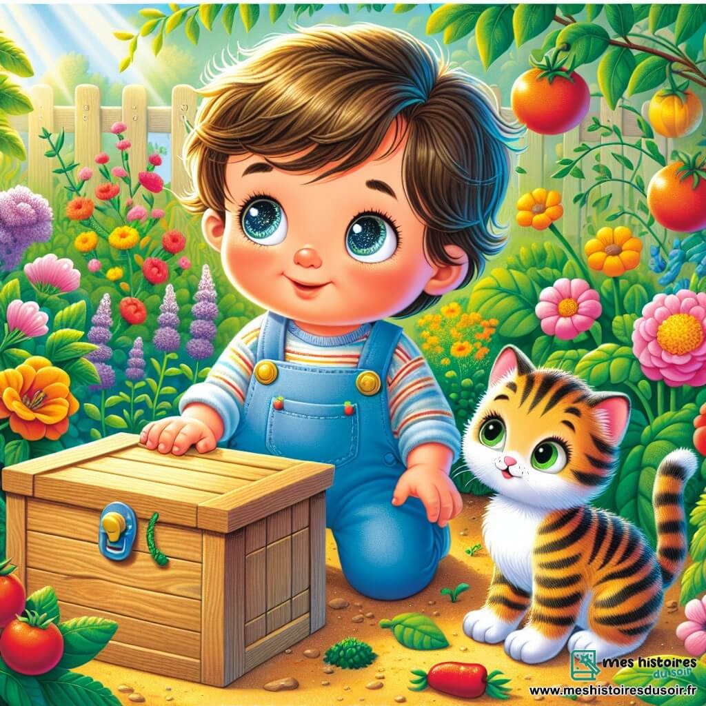 Une illustration sous forme de dessin destinée aux enfants représentant un jardin ensoleillé, rempli de fleurs colorées et de légumes, où un petit garçon de 1 an aux cheveux bruns et aux yeux pétillants, vêtu d'une salopette bleue, fouille avec curiosité sous un buisson, tandis qu'à ses côtés, un petit chaton aux poils tigrés et aux yeux verts, curieux et joueur, l'observe avec attention, alors qu'ils viennent de découvrir une boîte en bois cachée, symbole de leur quête d'aventure et d'amitié.