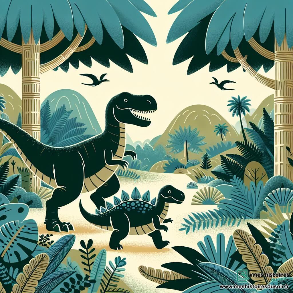 Une illustration destinée aux enfants représentant un jeune tyrannosaure Rex, un garçon, vivant sa première grande aventure aux côtés d'une stégosaure, une fille, dans la mystérieuse et luxuriante forêt des Cycades.