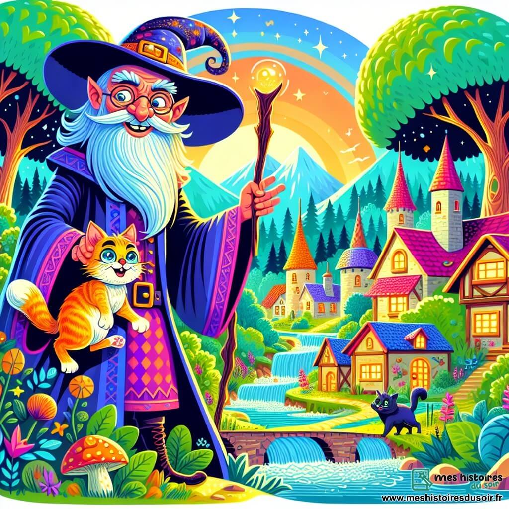 Une illustration destinée aux enfants représentant un sorcier excentrique, un chaton espiègle, et un village pittoresque niché au cœur d'une forêt éclatante, où des aventures ensorcelantes et amusantes se déroulent.