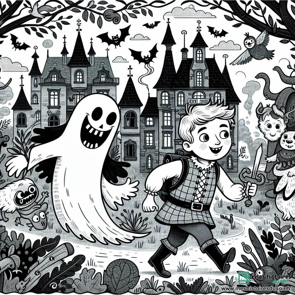 Une illustration destinée aux enfants représentant un fantôme farceur découvrant un manoir hanté rempli de créatures rigolotes, dans la forêt enchantée de Fantômalia, accompagné d'un petit garçon intrépide.