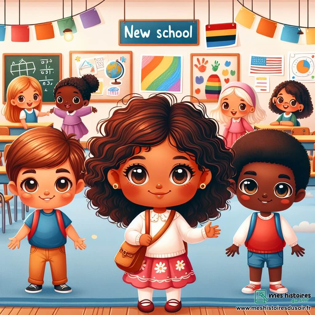Une illustration destinée aux enfants représentant une petite fille aux cheveux bouclés couleur chocolat, une situation d'intégration à une nouvelle école, un garçon aux cheveux frisés et aux yeux noisette, une salle de classe lumineuse avec des dessins colorés accrochés aux murs et des enfants de différentes origines jouant ensemble.