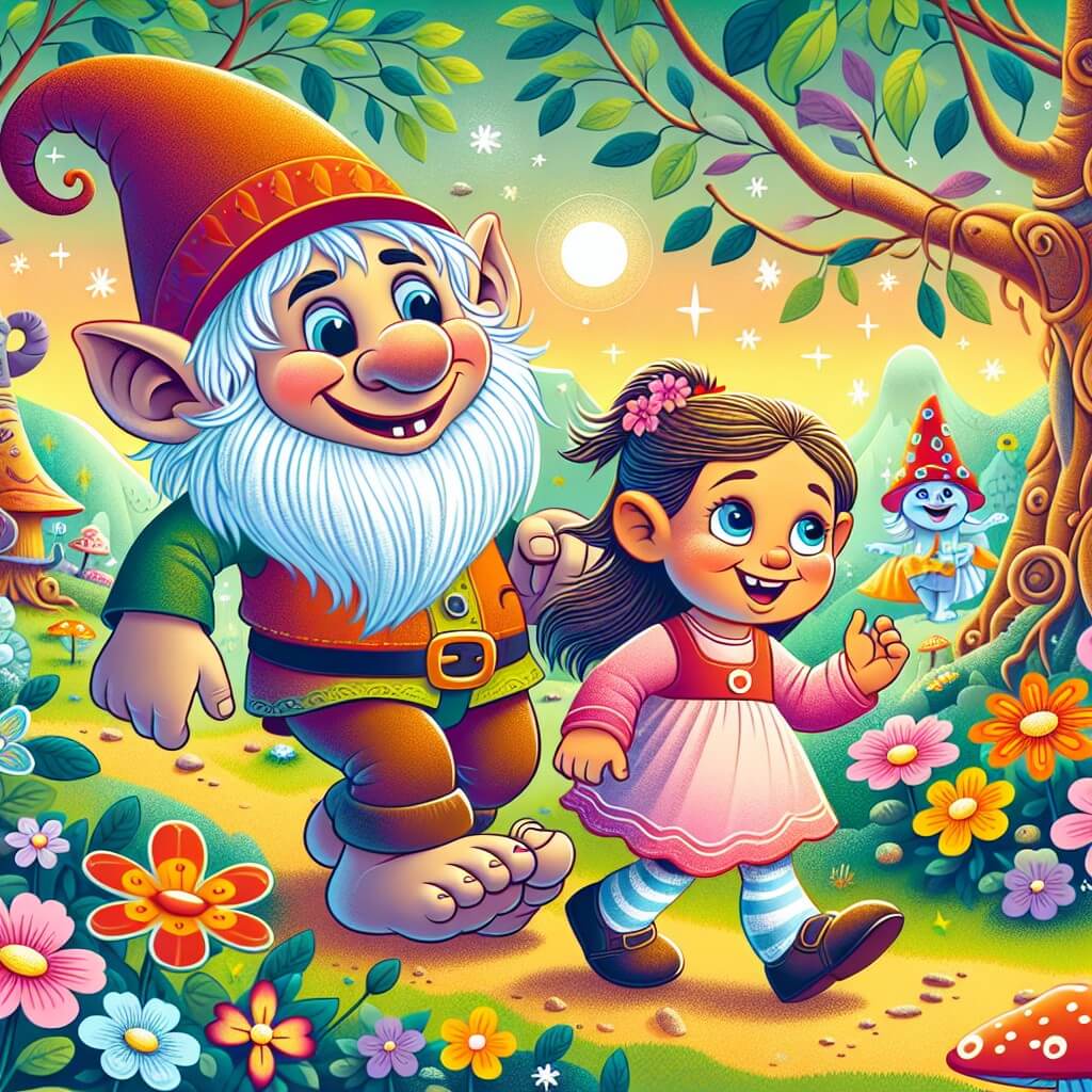 Une illustration destinée aux enfants représentant un adorable troll farceur, accompagné d'une petite fille curieuse, découvrant un jardin féerique rempli de fleurs multicolores et d'arbres dansant, dans le merveilleux royaume de Féeriland.