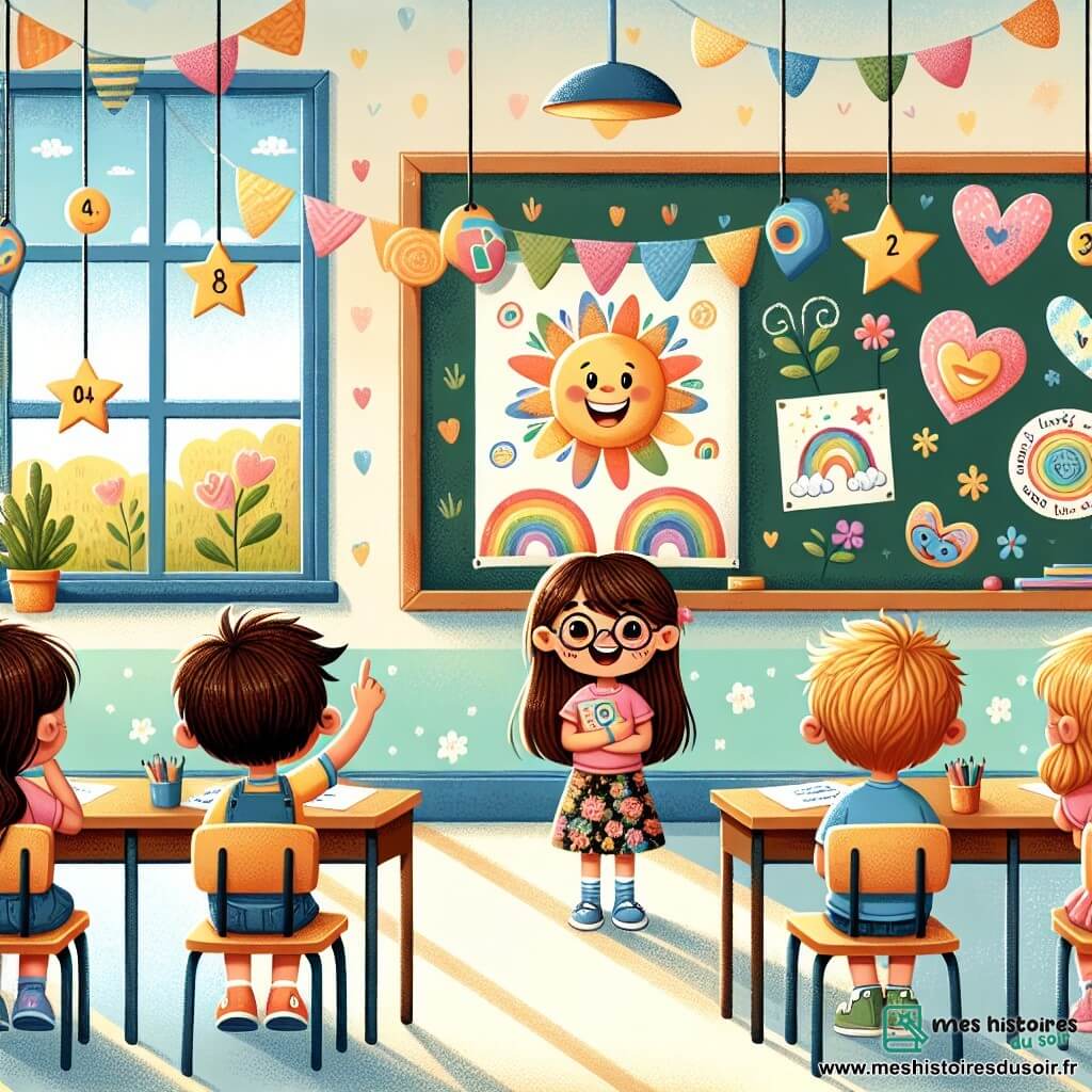 Illustration d'une scène dans une salle de classe lumineuse avec des murs aux couleurs vives et des fenêtres laissant entrer la lumière. Au centre, un grand tableau noir est orné de dessins d’enfants et de mots positifs. Une petite fille d'environ 8 ans, avec de longs cheveux bruns et des lunettes rondes, sourit timidement en levant la main, vêtue d'un t-shirt rose et d'une jupe à fleurs. À côté, un garçon d'environ 9 ans, avec des cheveux blonds en bataille et un sourire éclatant, est assis sur une chaise, tenant un dessin coloré d'un soleil et d'un arc-en-ciel, vêtu d'un t-shirt bleu et d'un short. Les enfants partagent leurs sentiments dans un groupe de soutien, entourés de camarades attentifs. Des cœurs et des étoiles en papier décorent le plafond, symbolisant l’amitié. Sur les tables, des crayons de couleur et des feuilles de papier témoignent de leur créativité. L'atmosphère est chaleureuse et encourageante, remplie de rires et de compréhension.