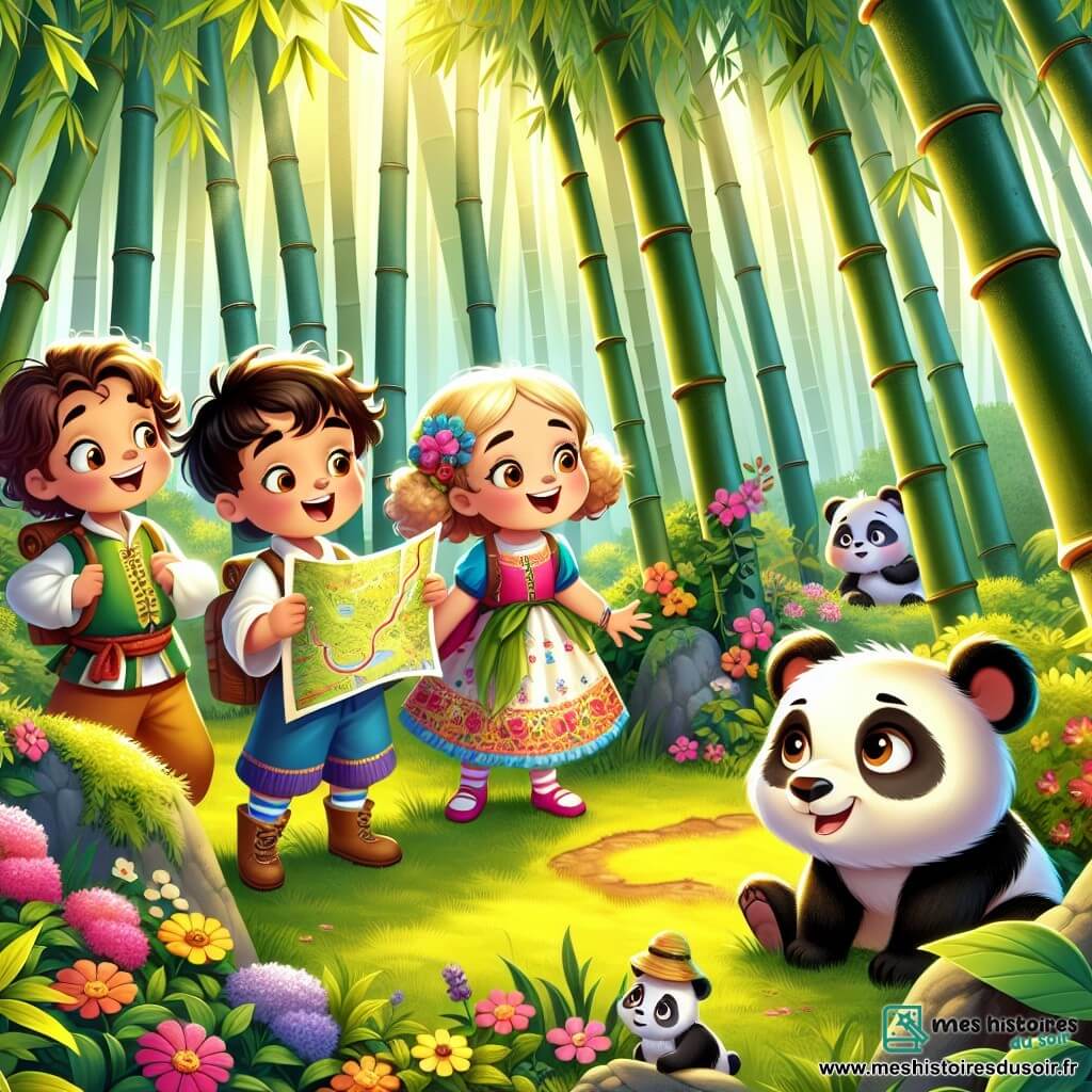 Une illustration sous forme de dessin destinée aux enfants représentant une forêt de bambous verdoyante et ensoleillée, avec une petite fille de 5 ans aux cheveux bouclés et aux yeux pétillants, vêtue d'une robe colorée, qui sourit joyeusement en tenant une carte dans ses mains, tandis qu'à ses côtés, un garçon intrépide de 6 ans aux cheveux bruns et une petite fille astucieuse de 5 ans aux cheveux blonds, tous deux regardent avec enthousiasme un petit panda perdu, assis tristement à leurs pieds, entourés de fleurs colorées et d'animaux curieux, illustrant leur détermination à aider l'animal en danger.
