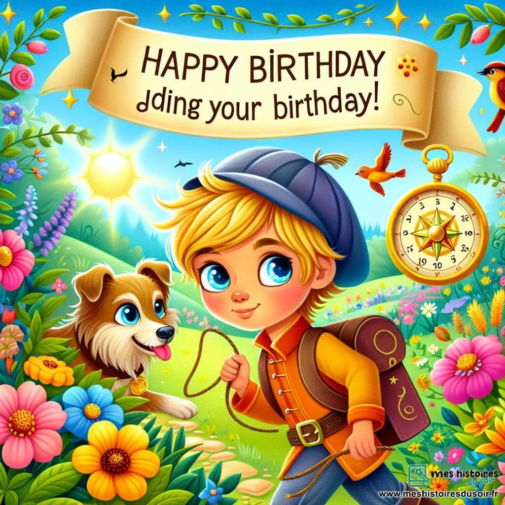 Une illustration destinée aux enfants représentant un garçon aux yeux pétillants vivant une aventure mystérieuse pour son anniversaire, accompagné de son chien Médor, dans un jardin ensoleillé rempli de fleurs colorées et d'oiseaux chantants.