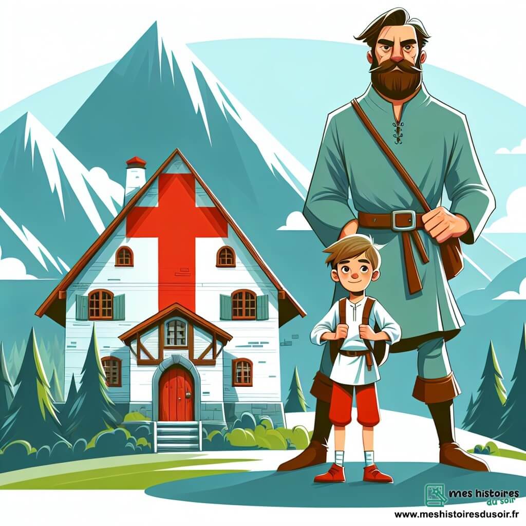 Une illustration destinée aux enfants représentant un homme mystérieux et bienveillant, un garçon intrépide, une maison perchée en haut d'une colline avec une grande croix rouge à la porte, dans un petit village niché au creux des montagnes.
