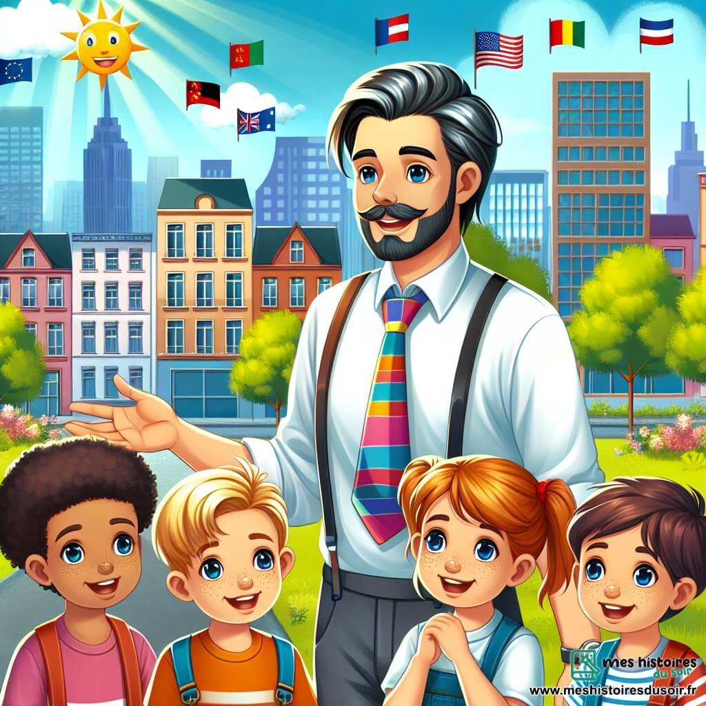 Une illustration destinée aux enfants représentant un homme au talent caché, accompagné de jeunes enfants curieux et enthousiastes, dans le parc ensoleillé et coloré de la ville de Melodica.