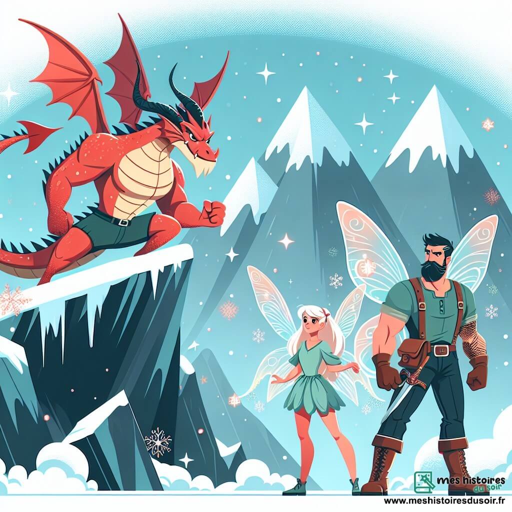 Une illustration destinée aux enfants représentant un homme au cœur vaillant, confronté à un dragon gardien, sur le sommet enneigé de la montagne du Dragon Rouge, entouré d'une fée aux ailes scintillantes.