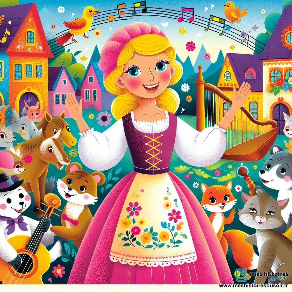 Une illustration destinée aux enfants représentant une jeune femme au sourire éclatant, entourée d'instruments de musique et d'animaux joyeux, dans un village coloré et enchanteur où la musique a disparu.