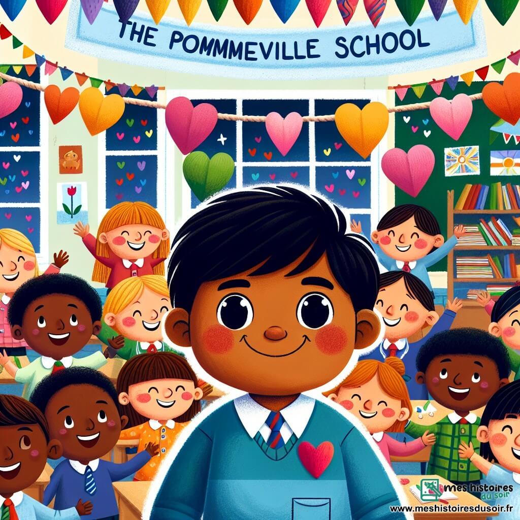 Une illustration destinée aux enfants représentant un petit garçon malicieux, entouré de ses amis à l'école de Pommeville, une salle de classe colorée remplie de cœurs en papier et de guirlandes joyeuses.