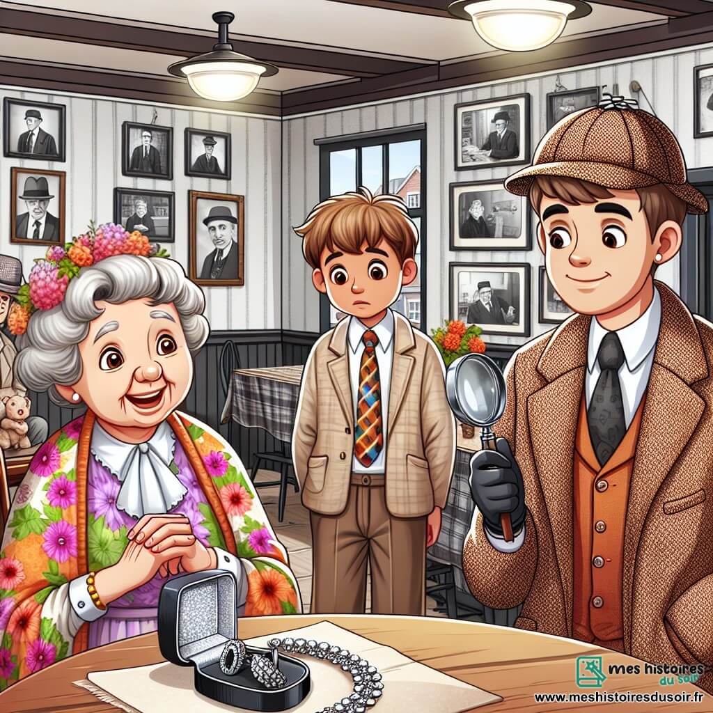 Une illustration sous forme de dessin destinée aux enfants représentant un bureau de détective chaleureux, avec des murs ornés de photos en noir et blanc, un homme au visage amical et aux cheveux grisonnants, portant une veste en tweed et une loupe à la main, en train d'interroger une dame âgée au sourire éclatant, vêtue d'une robe à fleurs et d'un châle coloré, tandis qu'un jeune homme aux cheveux bruns, visiblement nerveux, se tient en retrait, observant la scène avec inquiétude, alors qu'un collier scintillant est posé sur la table, symbolisant le mystère à résoudre.