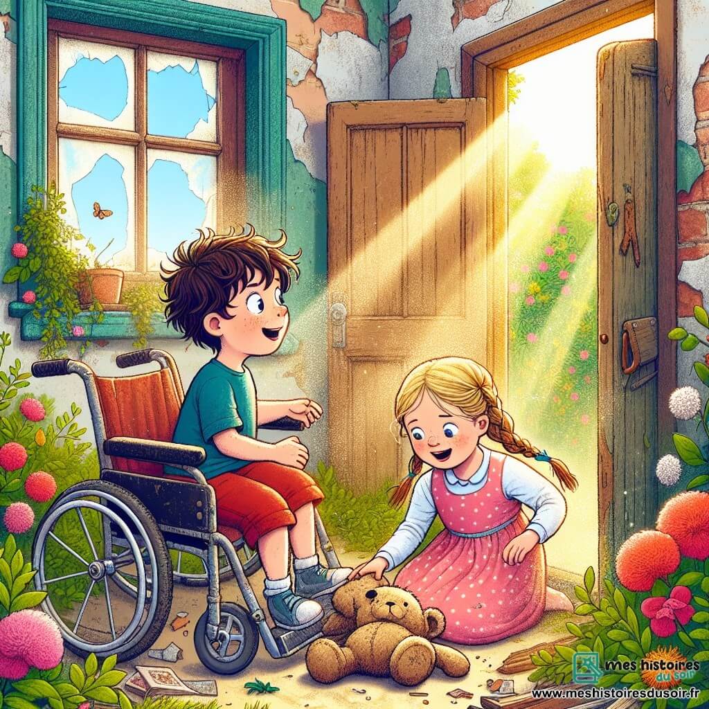 Illustration d'une vieille maison mystérieuse avec de grandes fenêtres poussiéreuses et une porte en bois grinçante, entourée de buissons verts et de fleurs colorées. À l'intérieur, deux amis sont en pleine aventure : un garçon de 8 ans aux cheveux bruns en désordre, portant un t-shirt bleu et un short rouge, assis dans un fauteuil roulant, et une fille de 7 ans avec des cheveux blonds tressés, vêtue d'une robe rose à pois blancs, se penchant pour ramasser un vieux nounours en peluche. Ils affichent des expressions curieuses et joyeuses. La scène évoque l'exploration et la camaraderie, avec des rayons de lumière filtrant à travers les fenêtres, illuminant le nounours poussiéreux qu'ils viennent de découvrir.