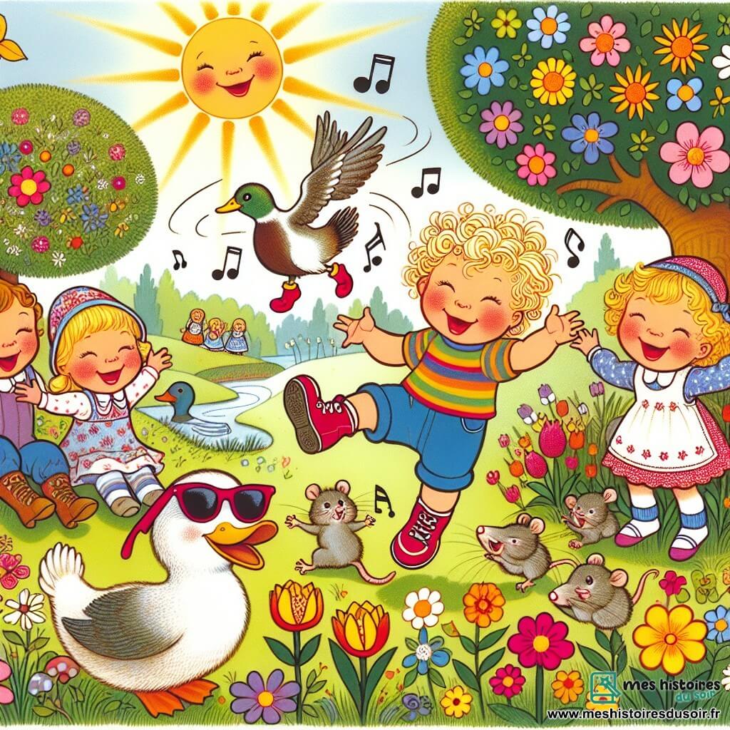 Une illustration sous forme de dessin destinée aux enfants représentant un jardin ensoleillé, rempli de fleurs colorées et d'arbres aux chapeaux rigolos, où un groupe de petits enfants de 1 an, avec des cheveux bouclés et des sourires éclatants, danse joyeusement autour d'un canard aux bottes rouges qui fait des pirouettes, tandis qu'une souris aux lunettes de soleil joue de la musique avec des fleurs chantantes, le tout dans une atmosphère ludique et magique, évoquant un monde rempli de rires et de surprises.