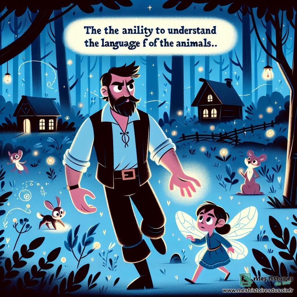 Une illustration destinée aux enfants représentant un homme mystérieux doté du don de comprendre le langage des animaux, accompagné d'une petite fée blessée, explorant une forêt enchantée aux arbres lumineux et aux lucioles dansant, dans un village reculé plongé dans les ténèbres.