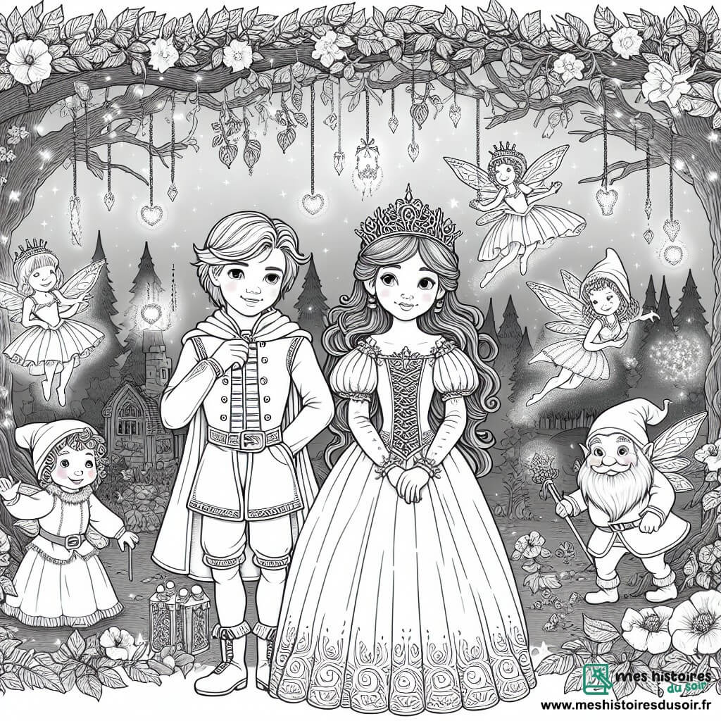 Une illustration destinée aux enfants représentant un jeune prince rêveur, accompagné d'une belle princesse, dans un royaume enchanté rempli de fées dansant, de nains travaillant ensemble et d'une sorcière mystérieuse, au cœur d'une forêt magique aux arbres lumineux et aux fleurs scintillantes.
