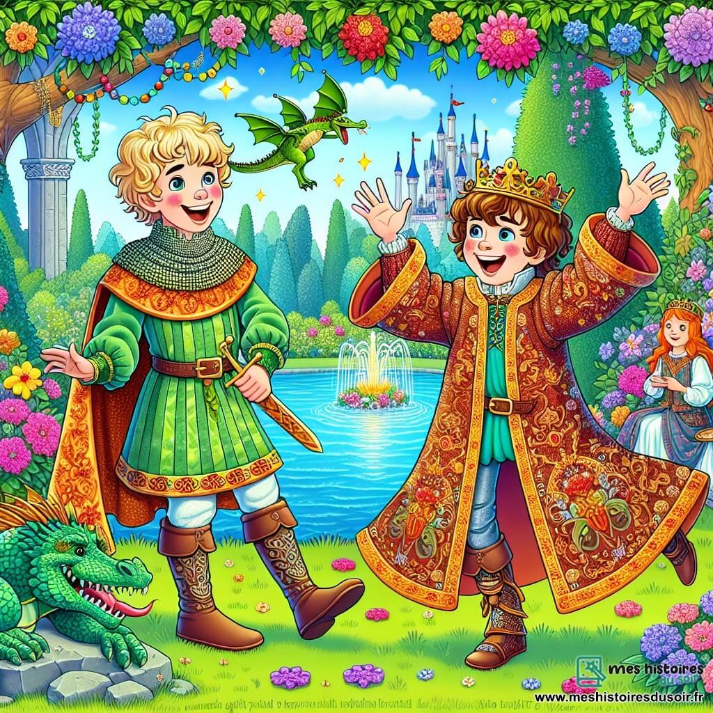 Une illustration sous forme de dessin destinée aux enfants représentant un jardin royal enchanté, rempli de fleurs colorées et d'arbres majestueux, où un jeune prince maladroit aux cheveux bouclés et à la robe de chambre ornée de motifs de chocolat chaud trébuche joyeusement en essayant de raconter une blague, tandis qu'un écuyer aux cheveux blonds et aux yeux pétillants, vêtu d'une tunique verte, rit aux éclats à ses côtés, et un dragon aux écailles vertes, assis près d'un lac scintillant, éclate de rire, créant une atmosphère de magie et de bonne humeur.