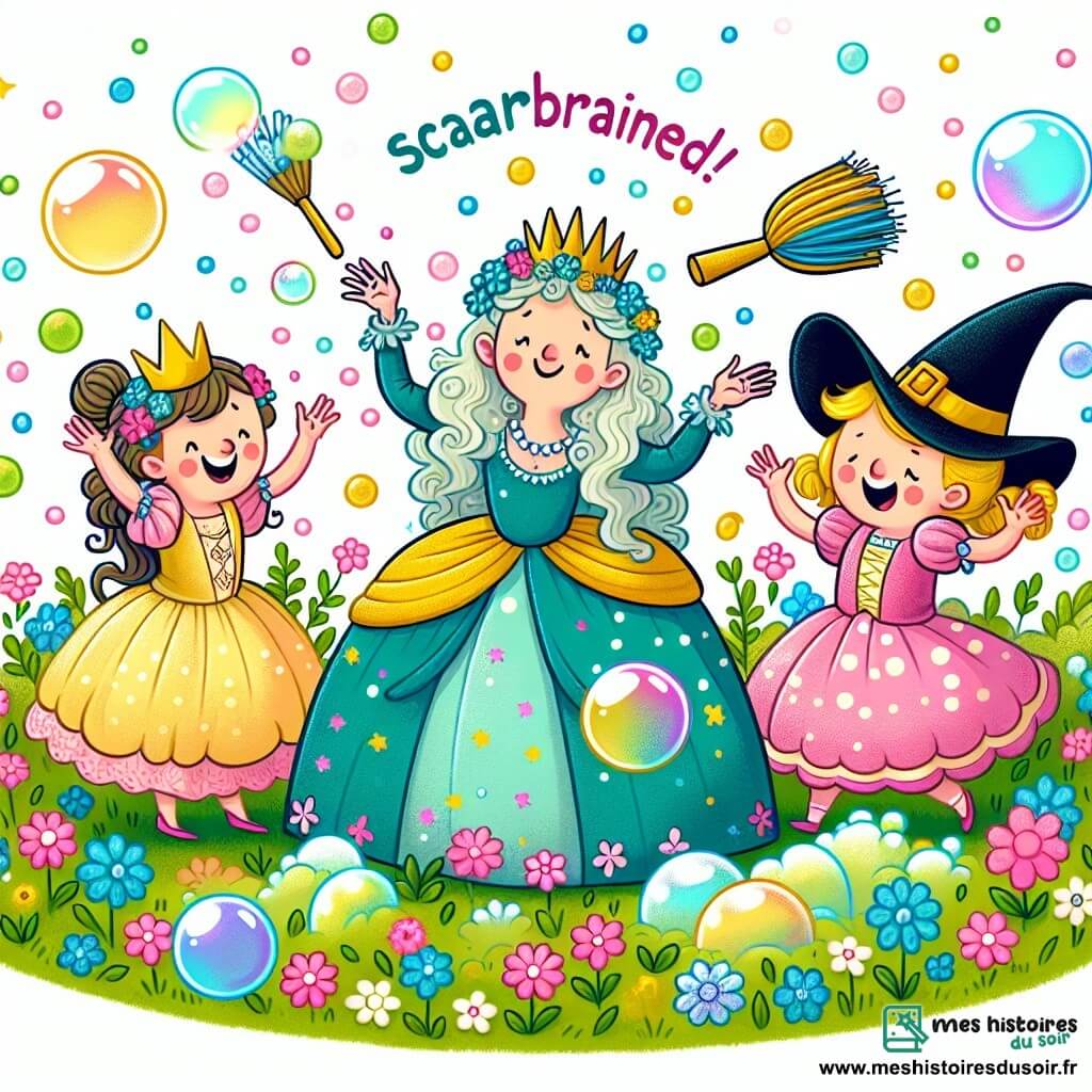 Une illustration destinée aux enfants représentant une princesse espiègle et joyeuse, une sorcière étourdie, des bulles de savon dansant dans un champ de fleurs en confettis, dans les contes rigolotes du royaume enchanté.