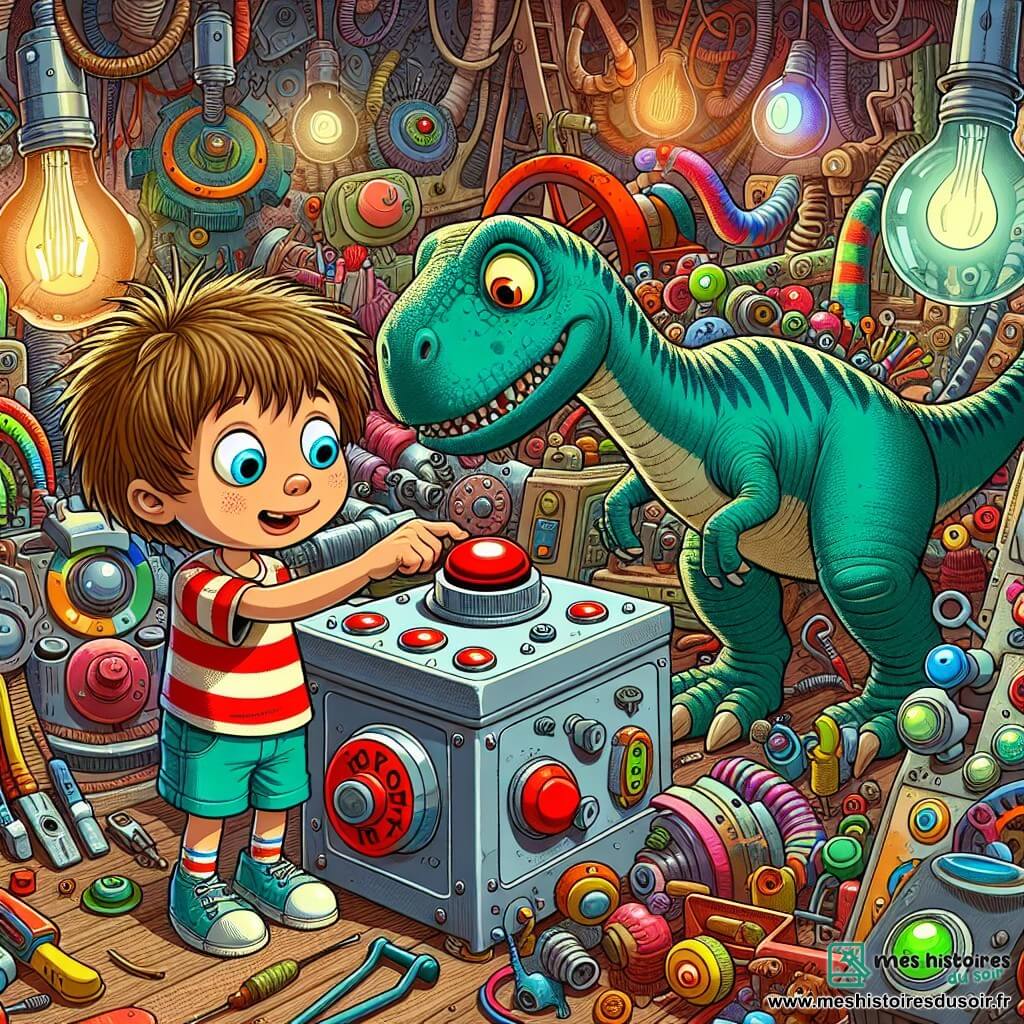 Une illustration sous forme de dessin destinée aux enfants représentant un atelier de bricolage coloré, rempli d'outils et de machines étranges, où un garçon de 7 ans aux cheveux bruns en bataille et aux yeux pétillants, vêtu d'un t-shirt rayé et d'un short, appuie sur un gros bouton rouge d'une machine en métal brillante, tandis qu'un dinosaure brontosaure, immense et amical, se penche curieusement vers lui, le tout baigné dans une lumière magique qui évoque un voyage dans le temps.