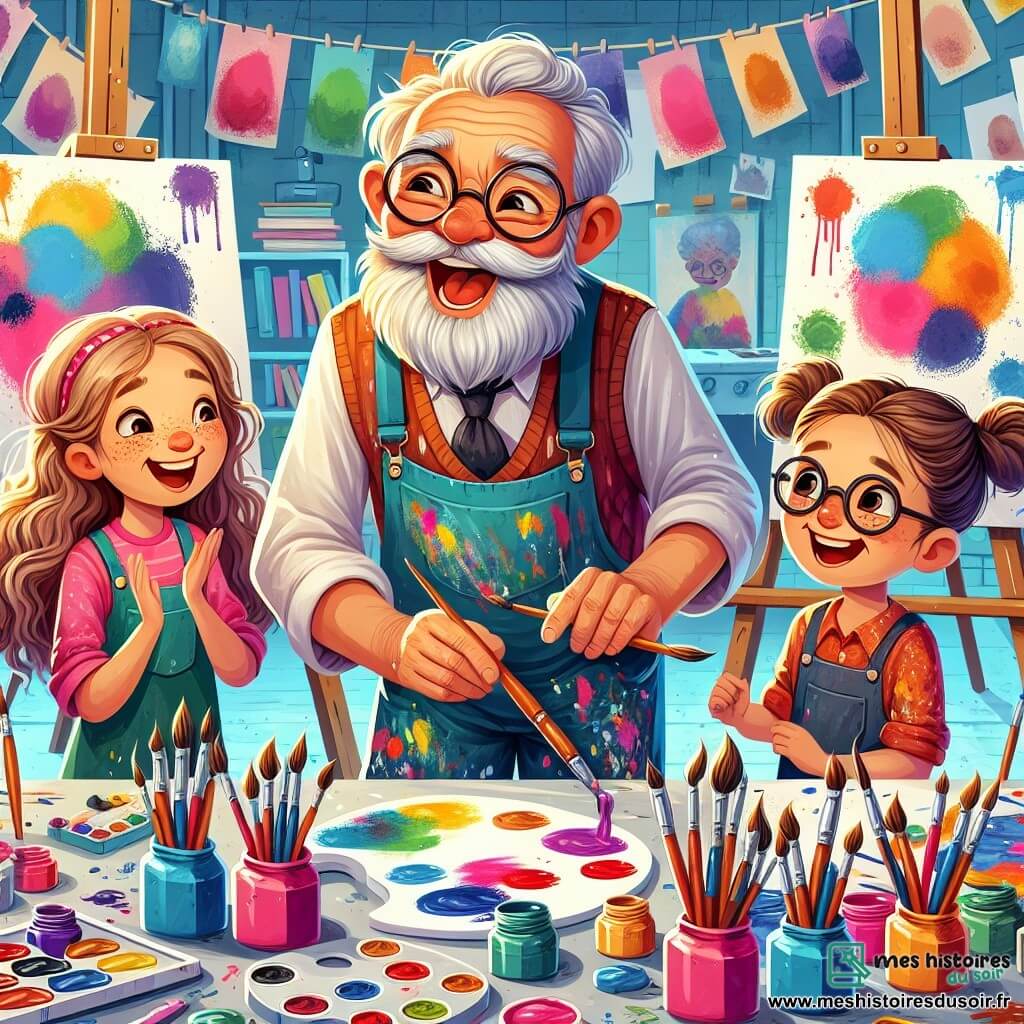 Une illustration sous forme de dessin destinée aux enfants représentant un atelier d'art vibrant et coloré, avec des murs couverts de toiles éclatantes, où un homme à la barbe grise fournie et aux lunettes rondes, vêtu d'une salopette tachée de peinture, montre avec enthousiasme aux enfants, une fille aux cheveux bouclés et une autre aux cheveux lisses, comment mélanger des couleurs pour créer des œuvres d'art, tandis qu'un garçon aux lunettes épaisses observe attentivement, tous entourés de pots de peinture, de pinceaux et de dessins en cours, capturant l'esprit créatif et joyeux de l'art.