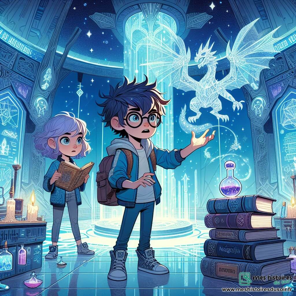 Une illustration sous forme de dessin destinée aux enfants représentant l'intérieur de la station spatiale Nova Magica, un lieu futuriste aux murs brillants de bleu luminescent et décoré de glyphes magiques, avec un garçon de 11 ans aux cheveux ébouriffés et aux lunettes glissant sur son nez, tenant une fiole de potion dans une main et un gadget technologique dans l'autre, tandis qu'à ses côtés se trouve une fille aux cheveux violets et aux yeux pétillants, entourée de livres de sortilèges, tous deux faisant face à un dragon de cristal majestueux qui les défie avec une énigme, dans une ambiance d'aventure et de mystère où la magie et la science se rencontrent.