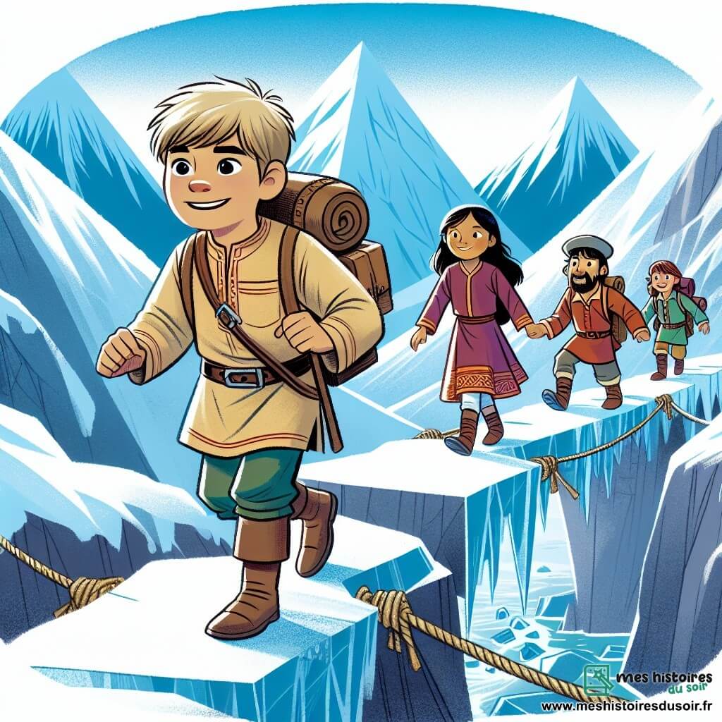 Une illustration destinée aux enfants représentant un jeune garçon intrépide et ses amis, une fille et deux garçons, partant à l'aventure sur une montagne enneigée aux pentes escarpées et aux ponts de glace fragiles.
